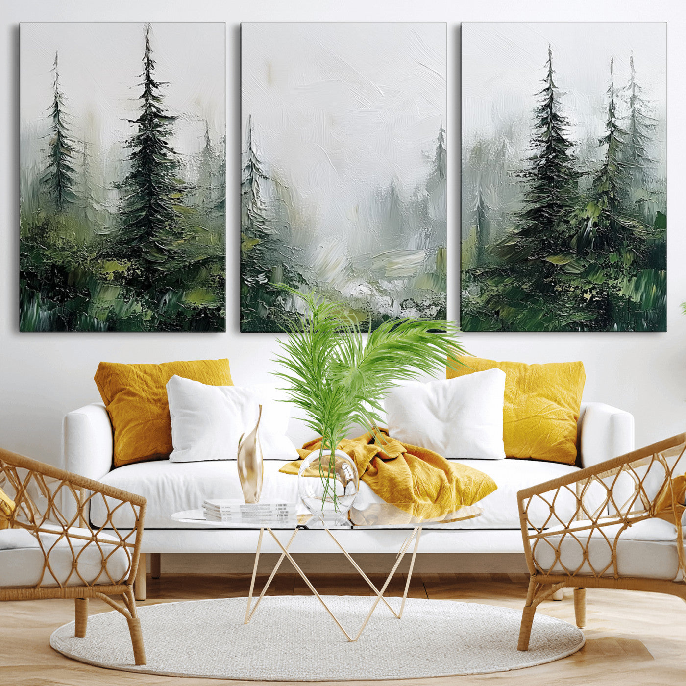 76014-MGV-CV-36X24-Forest Wall Art – Textured Canvas Print Featuring Misty Evergreen Pines and Woodland Landscape, Rustic Nature Artwork for Living