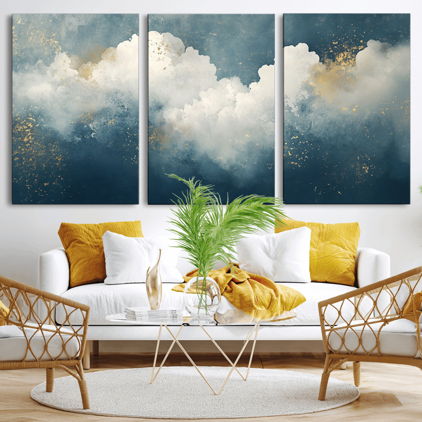 75131-MGV-CV-36X24-Abstract Cloud Wall Art – Modern Canvas Print Featuring Blue and White Clouds with Golden Accents, Contemporary Artwork for Living