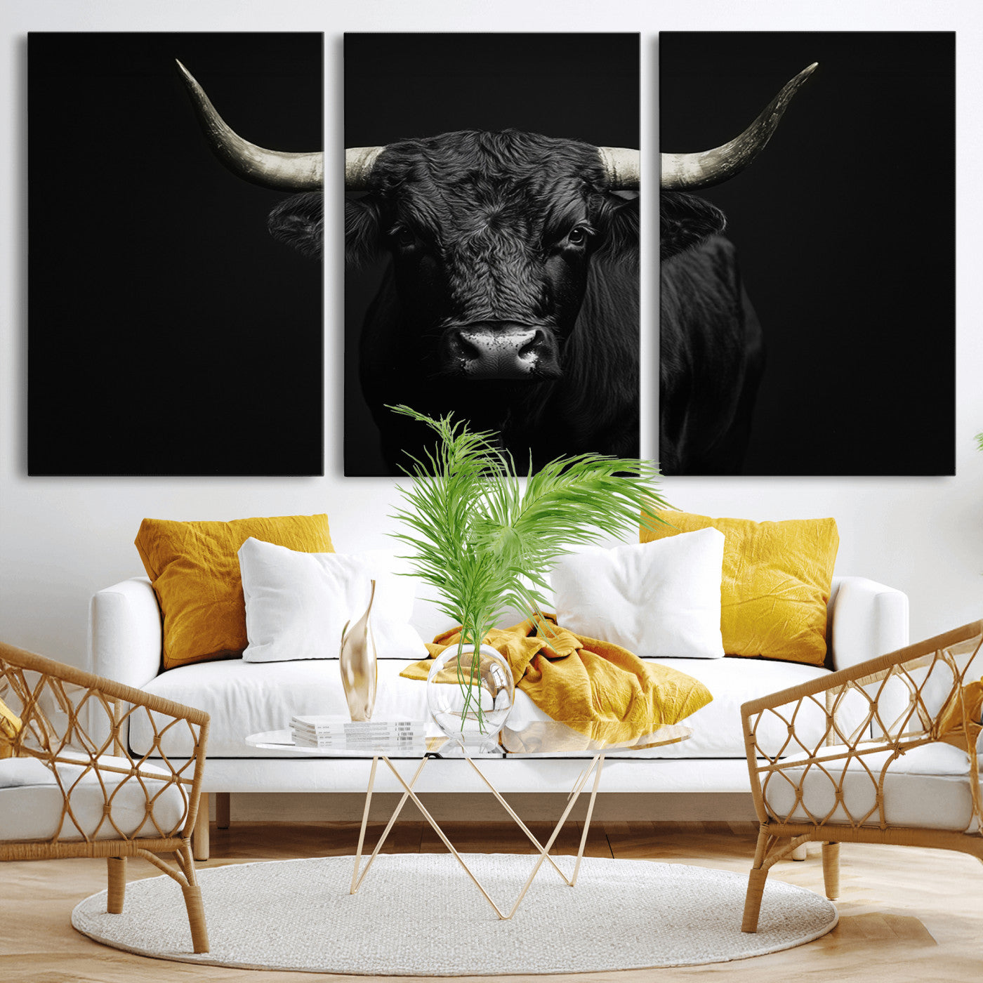 97914921-MGV-CV-36X24-Black Bull Wall Art Canvas Print, Framed Longhorn Bull Art Picture Print, Western Bull Perfect Monochrome Western Decor Artwork