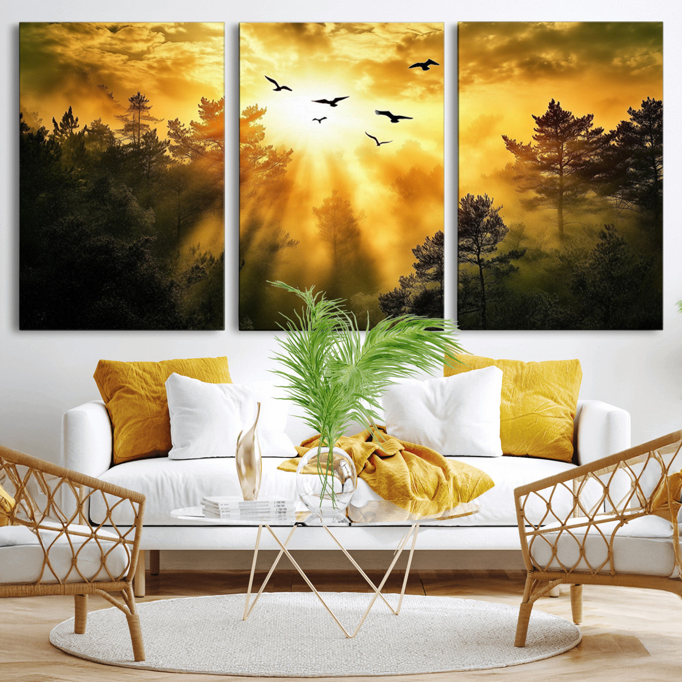 13776802-MGV-CV-36X24-Golden Forest Wall Art Canvas Print, Framed Sunset Pines Art Picture Print, Flying Birds Perfect Nature Glow Decor Artwork