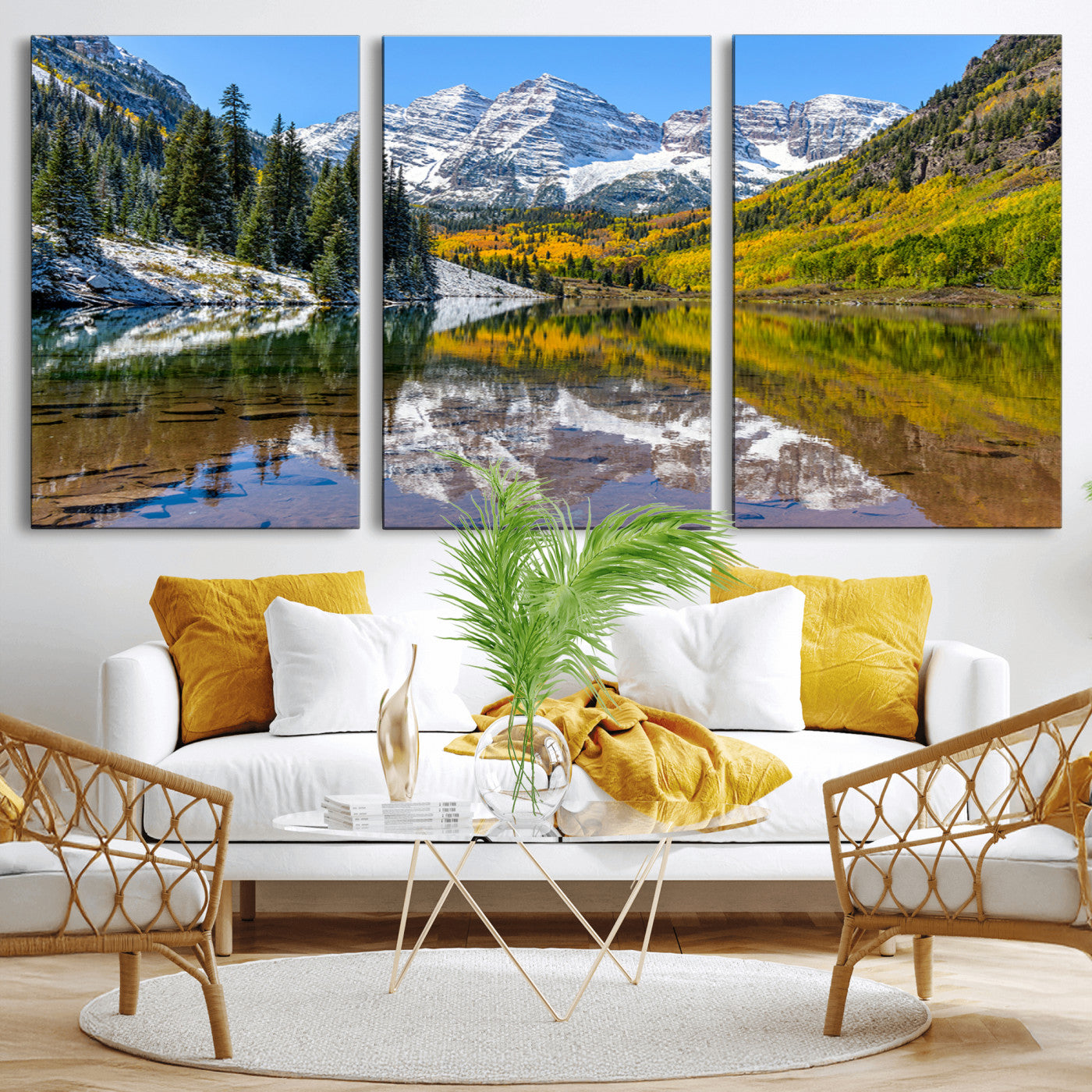 87724099-MGV-CV-36X24-Maroon Bells Wall Art Canvas Print, Framed Snowy Mountains Art Picture Print, Pine Forest Perfect Vibrant Alpine Decor Artwork
