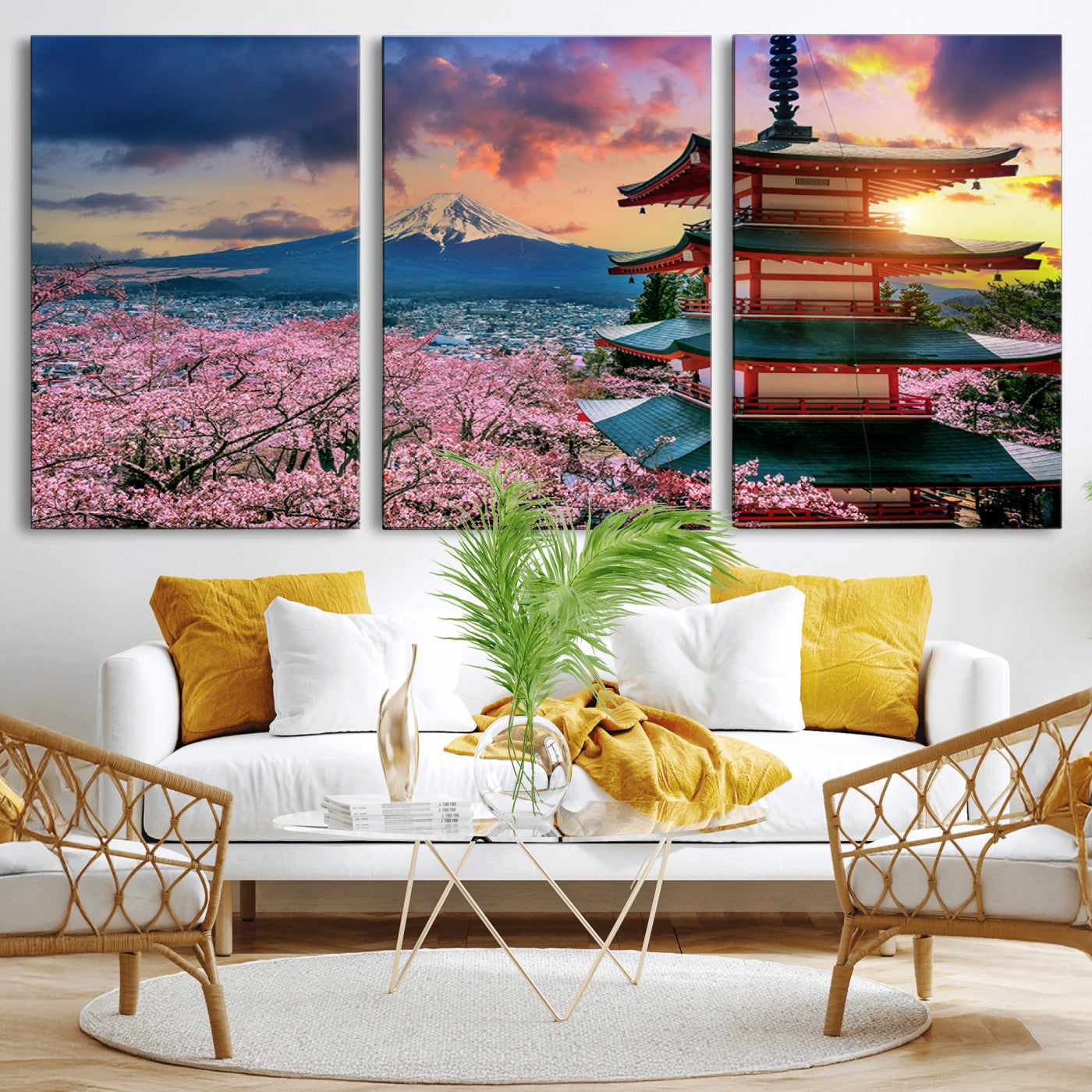 32331262-MGV-CV-36X24-Mount Fuji Japan Wall Art – Cherry Blossom Landscape Canvas Print, Chureito Pagoda Sunset Photography, Japanese Nature Travel