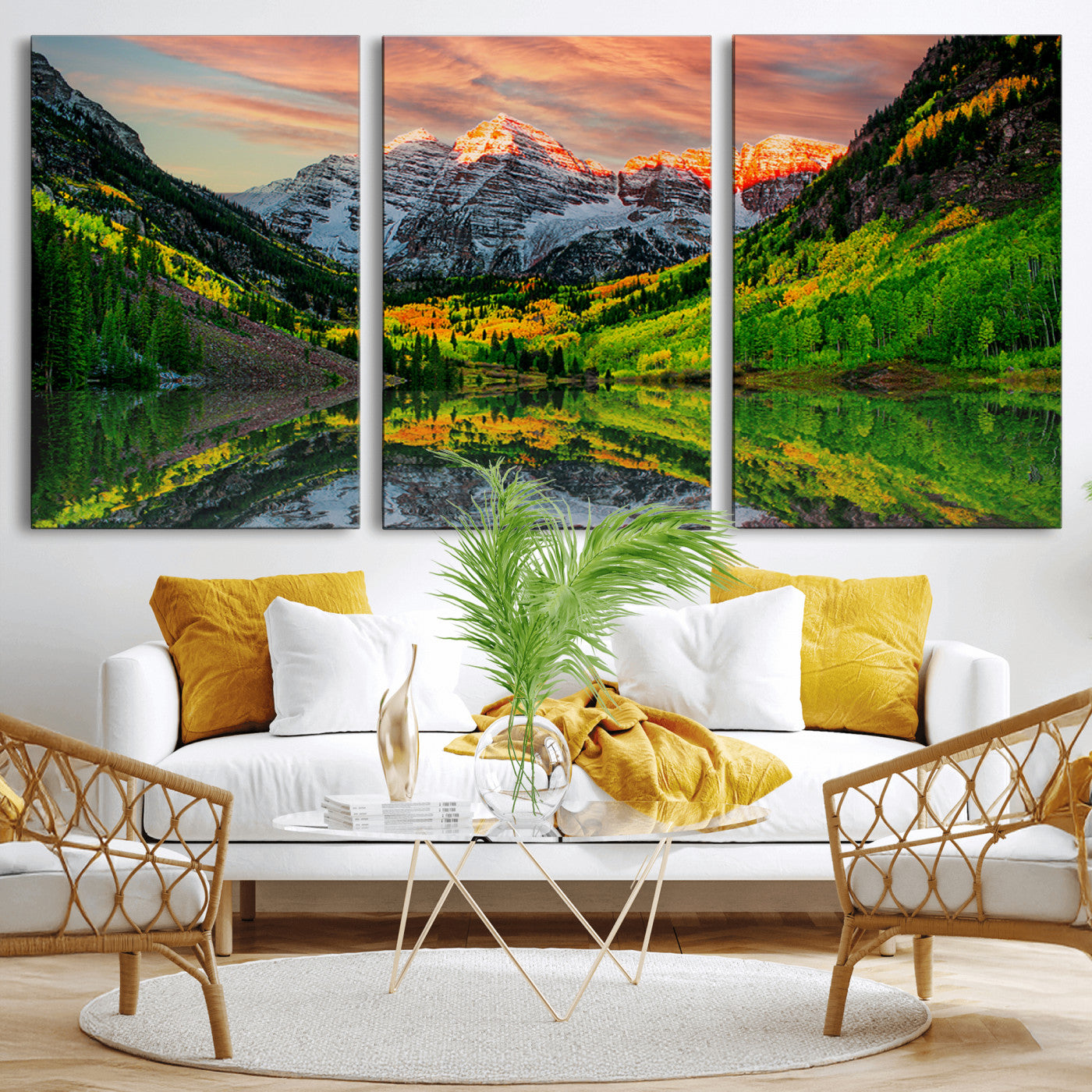 59533484-MGV-CV-36X24-Maroon Bells Autumn Wall Art – Panoramic Mountain Landscape Canvas Print, Sunset Reflection Nature Artwork for Living Room, Office