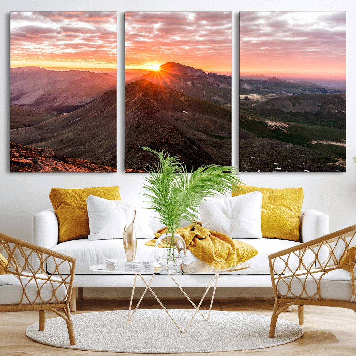 50957419-MGV-CV-60X30-3P-Mountain Sunrise Wall Art Canvas Print, Framed Alpine Ridge Art Picture Print, Mountain Range Perfect Vibrant Rustic Decor Artwork