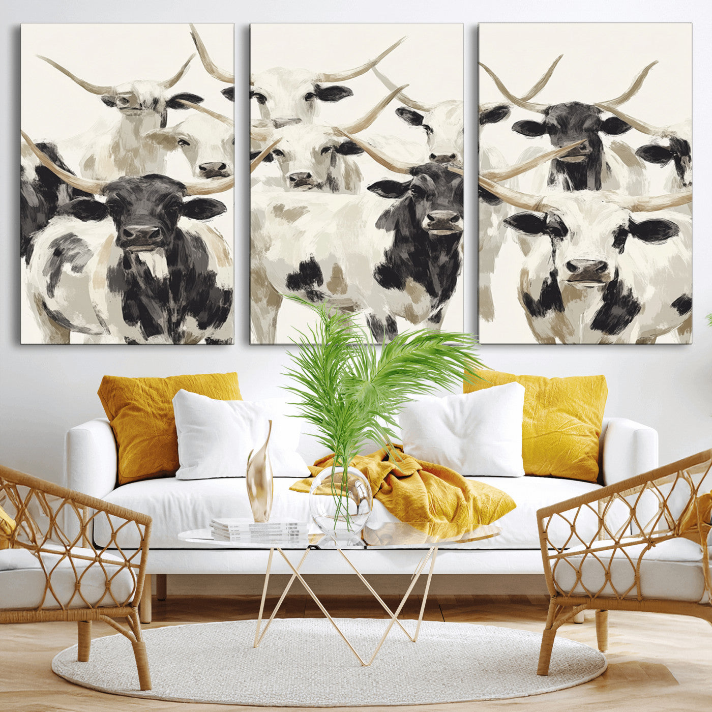52947970-MGV-CV-36X24-Texas Longhorn Wall Art Canvas Print, Framed Cattle Herd Art Picture Print, Herd Portrait Perfect Modern Farmhouse Decor Artwork