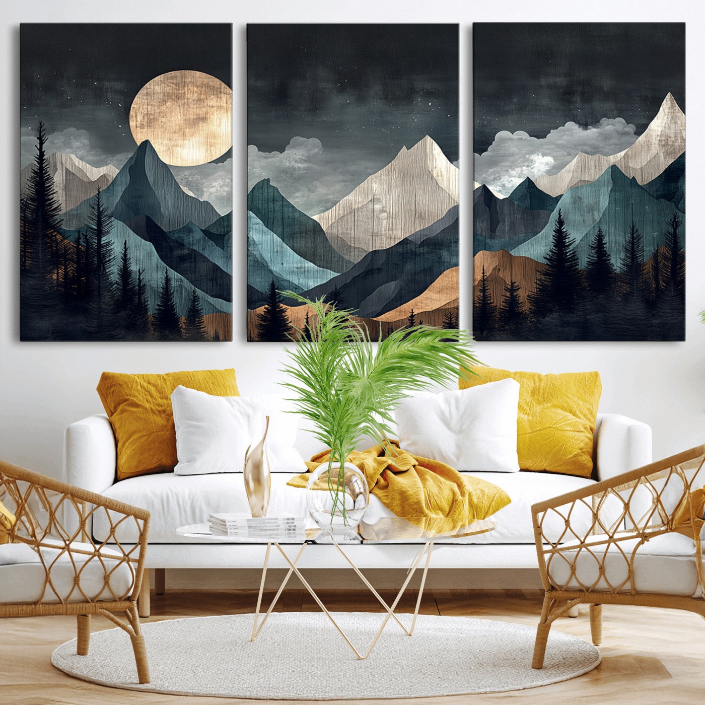 11060882-MGV-CV-36X24-Moonlit Mountains Wall Art Canvas Print, Framed Forest Silhouette Art Picture Print, Night Landscape Perfect Modern Forest Decor