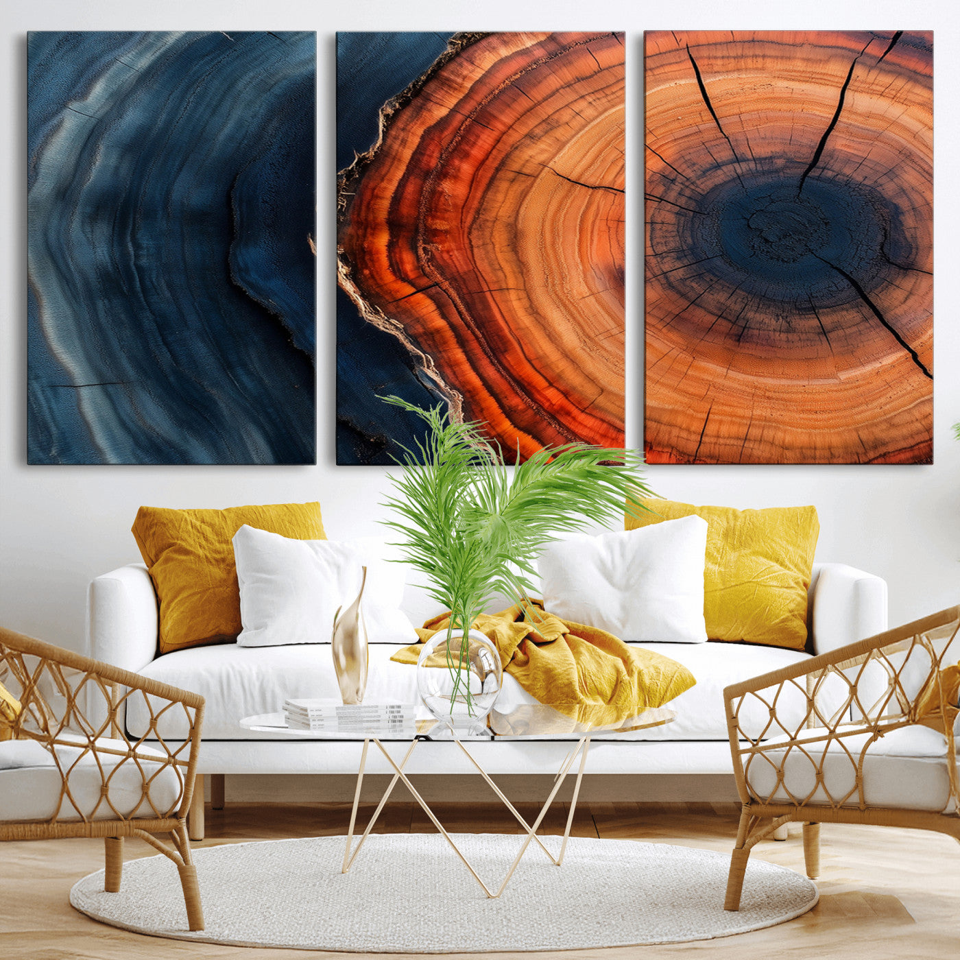 57732250-MGV-CV-36X24-Tree Ring Abstract Wall Art – Blue Orange Wood Grain Canvas Print, Modern Rustic Nature Artwork for Living Room, Office,