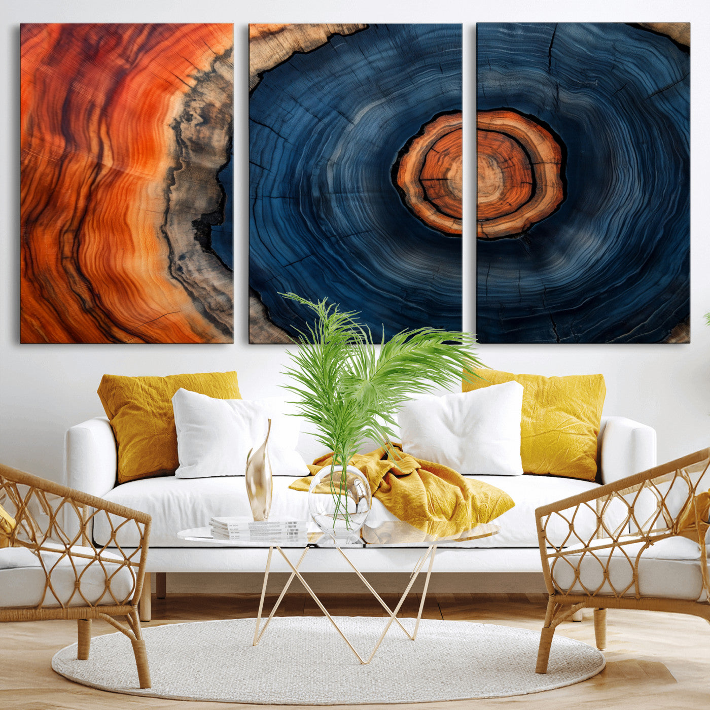 72209152-MGV-CV-36X24-Abstract Tree Ring Wall Art – Vibrant Blue Orange Wood Grain Canvas Print, Rustic Modern Nature Artwork for Living Room, Office,