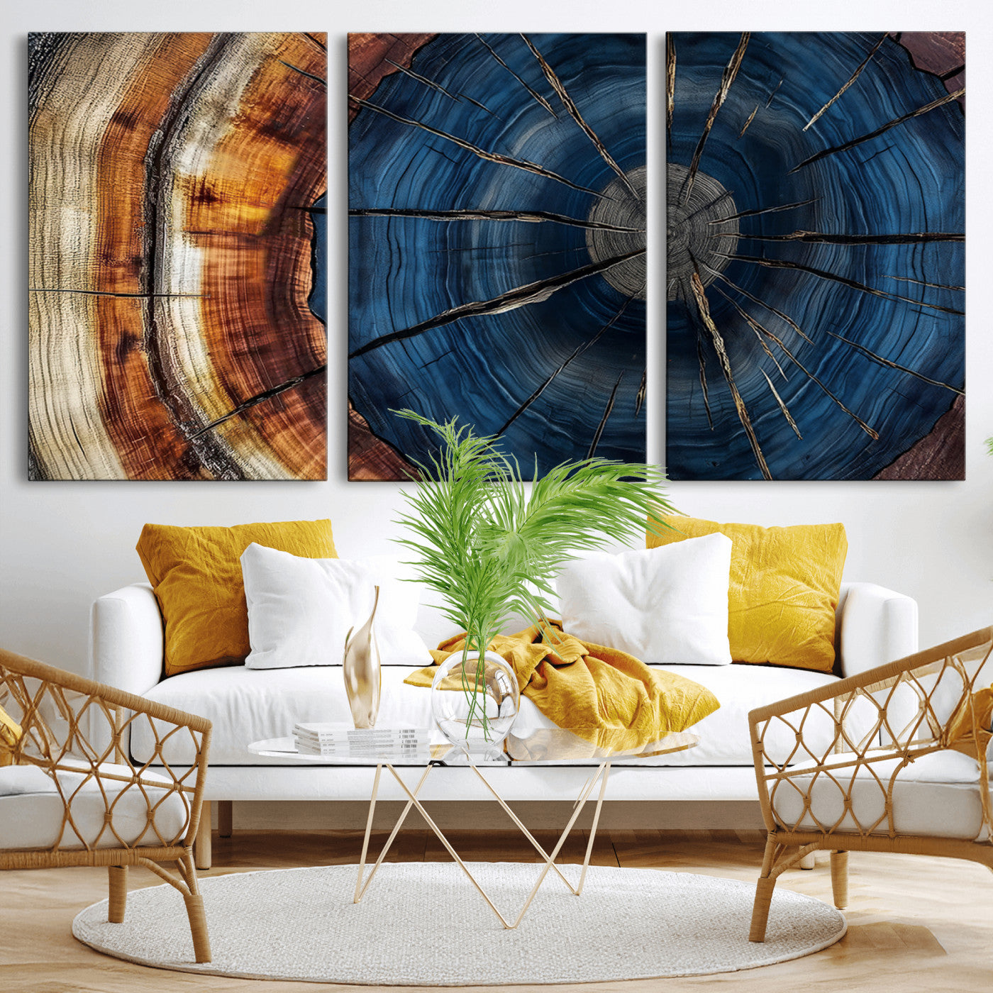 60099360-MGV-CV-36X24-Blue Tree Ring Wall Art – Rustic Wood Grain Canvas Print, Modern Abstract Artwork with Natural Texture for Living Room, Bedroom,