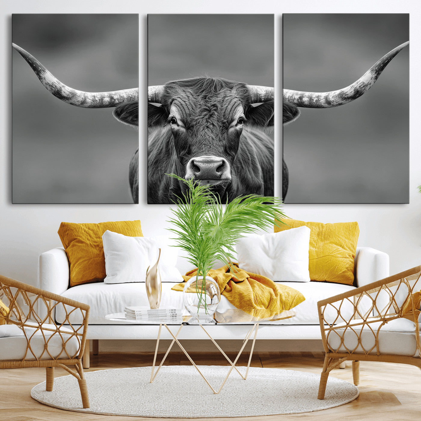 81228550-MGV-CV-36X24-Framed Texas Longhorn Bull Art Canvas Print, Western Bull Wall Art Print, Long Horn Bull Photo Print for Log Cabin, Large Bull