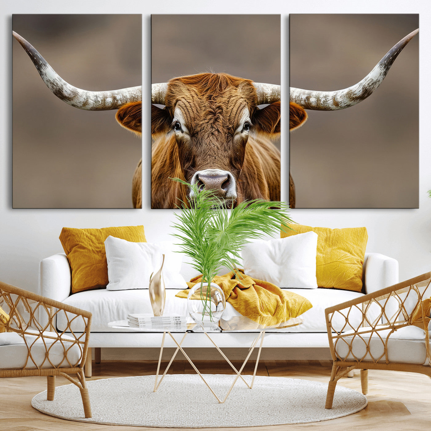 12179171-MGV-CV-36X24-Texas Longhorn Wall Art Canvas Print, Framed Brown Bull Art Picture Print, Lone Cattle Perfect Rustic Western Decor Artwork