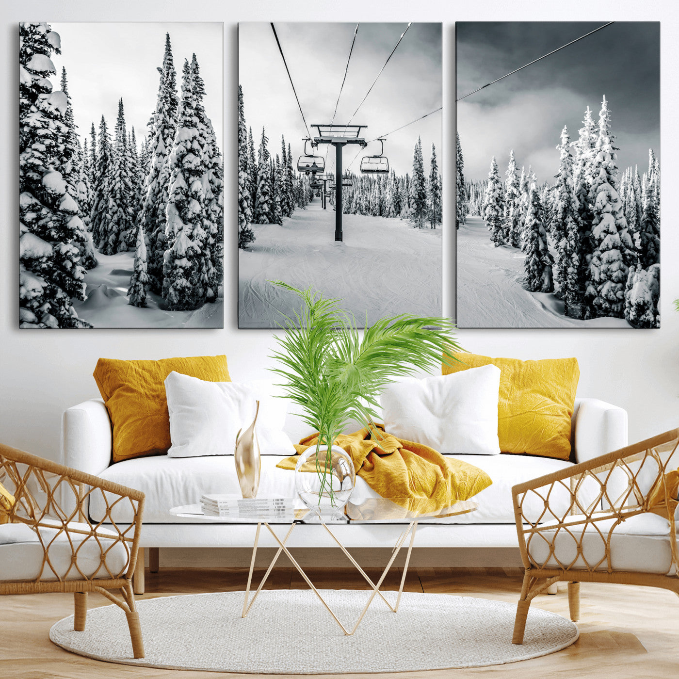 31156828-MGV-CV-36X24-Snowy Pines Wall Art Canvas Print, Framed Ski Lift Art Picture Print, Winter Forest Perfect Moody Lodge Decor Artwork