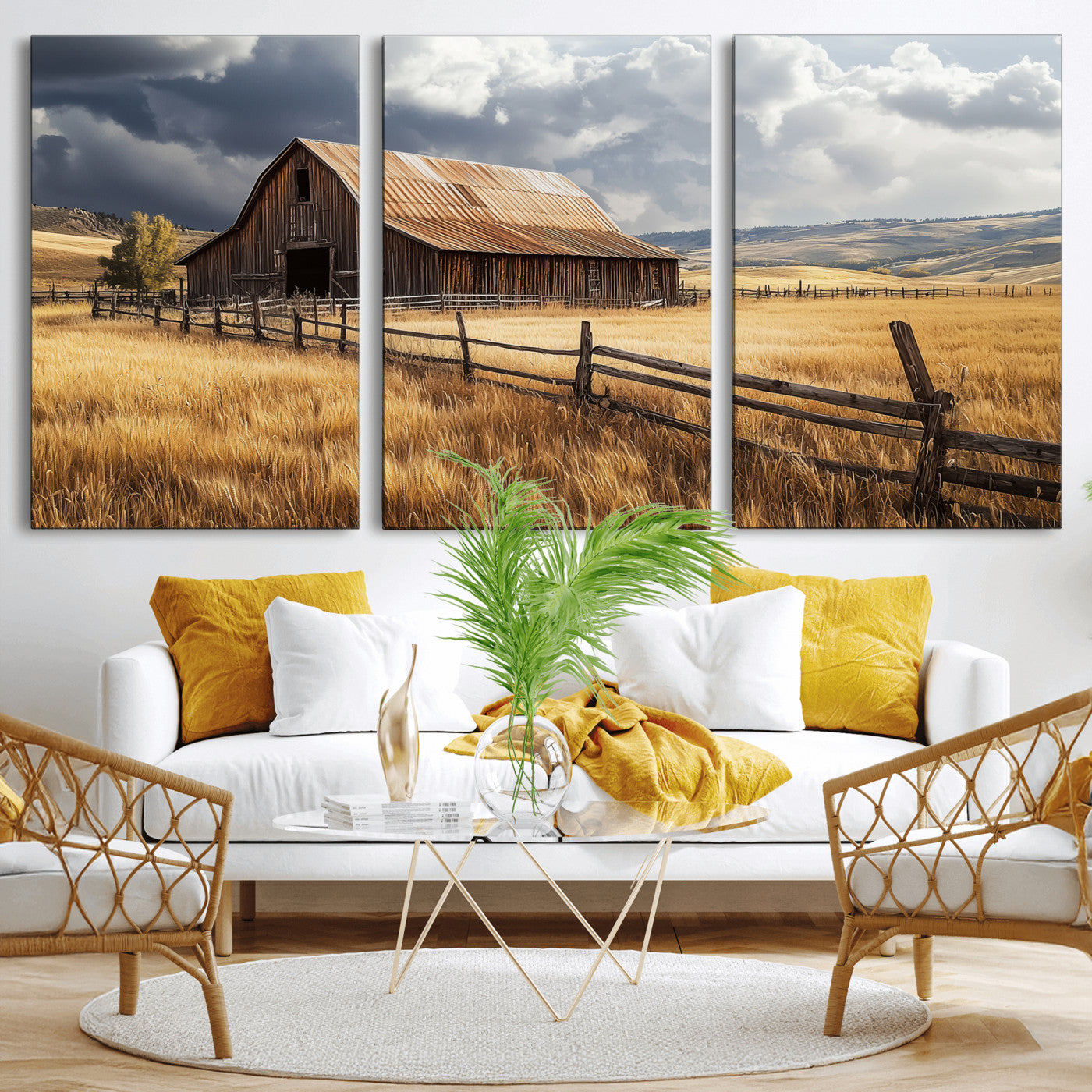 38758826-MGV-CV-36X24-Rustic Barn Wall Art Canvas Print, Framed Moody Barn Art Picture Print, Golden Field Perfect Rustic Farmhouse Decor Artwork
