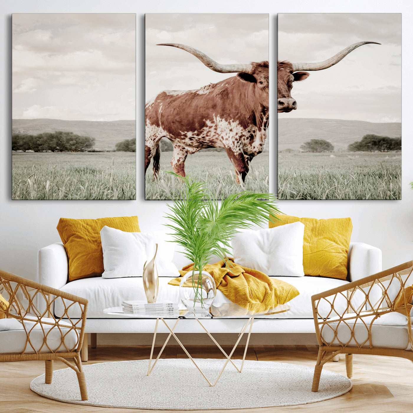 28309012-MGV-CV-36X24-Texas Longhorn Wall Art Canvas Print, Framed Spotted Cattle Art Picture Print, Horned Bull Perfect Rustic Western Decor Artwork
