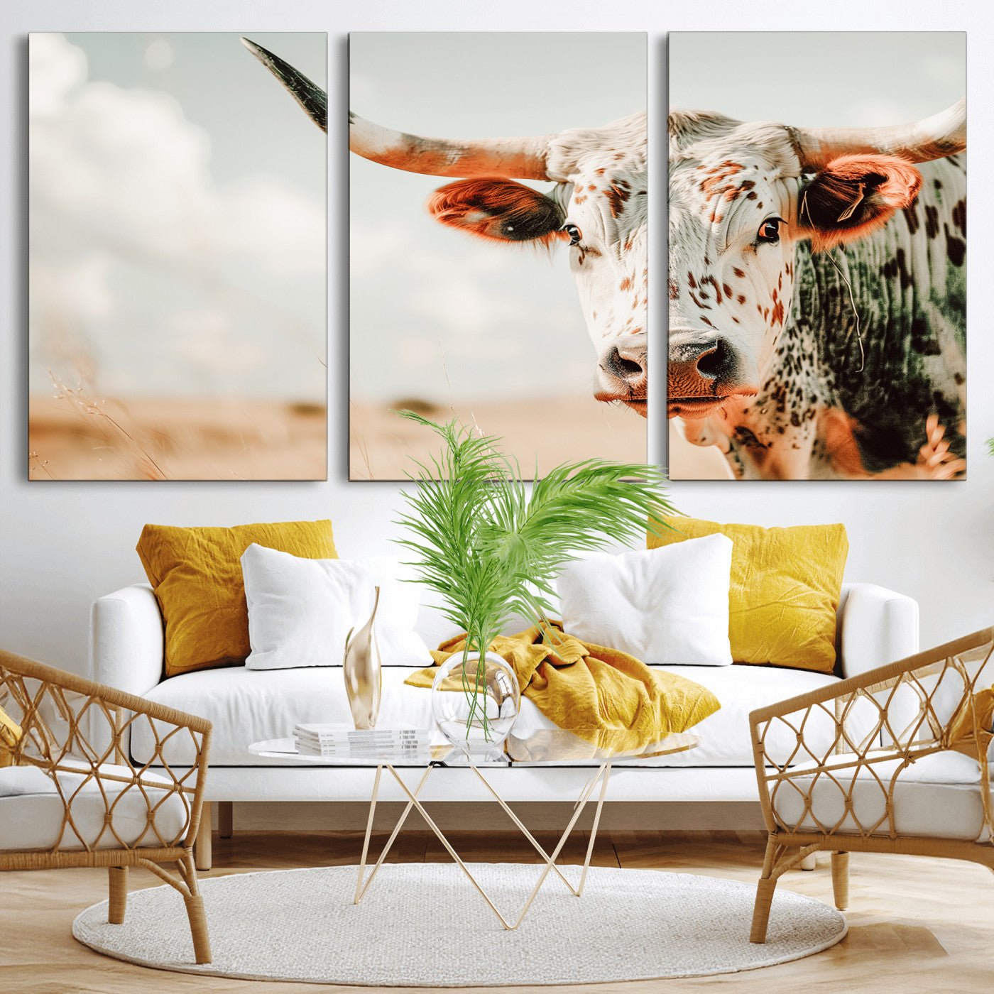 72766375-MGV-CV-36X24-Texas Longhorn Wall Art Canvas Print, Framed Spotted Cow Art Picture Print, Horned Cattle Perfect Rustic Western Decor Artwork