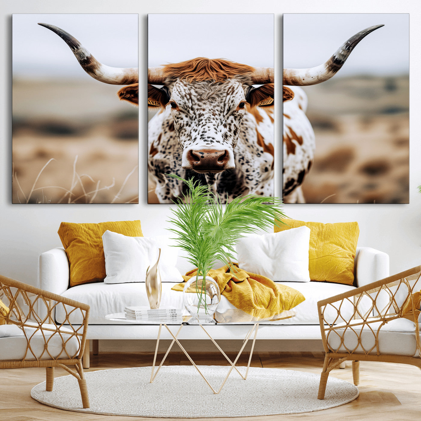 76294381-MGV-CV-36X24-Texas Longhorn Wall Art Canvas Print, Framed Spotted Cow Art Picture Print, Horned Cattle Perfect Rustic Western Decor Artwork