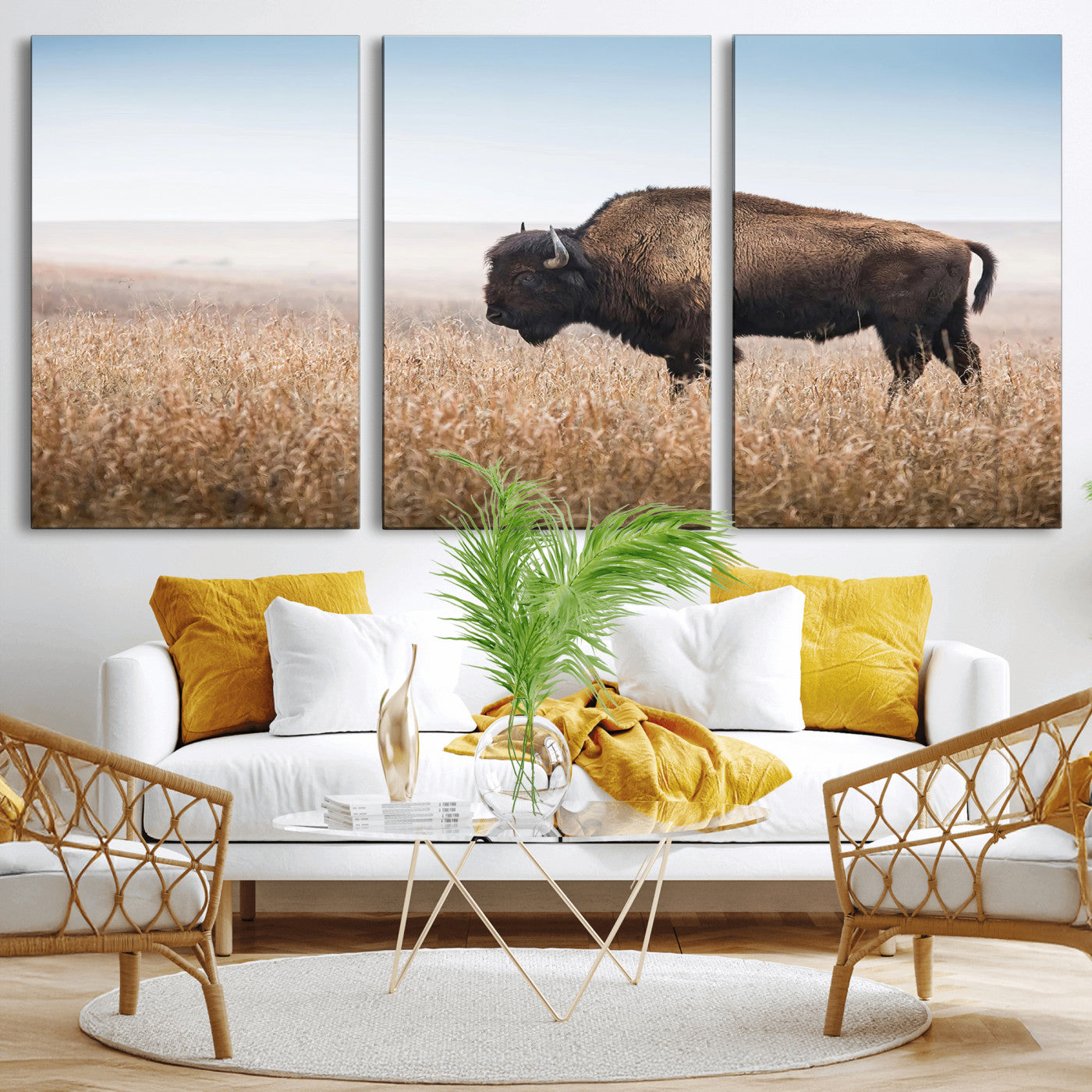 91267849-MGV-CV-36X24-Wild Bison Wall Art Canvas Print, Framed Bison in Prairie Art Picture Print, Rustic Western Perfect Rustic Western Decor Artwork