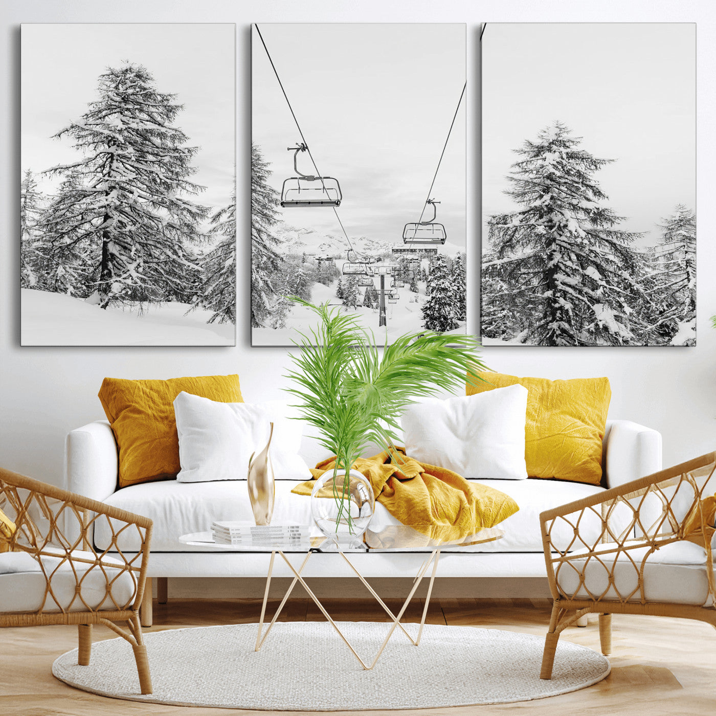 55003599-MGV-CV-36X24-Snowy Ski Lift Wall Art Canvas Print, Framed Winter Forest Art Picture Print, Ski lift Ride Perfect Winter Lodge Decor Artwork