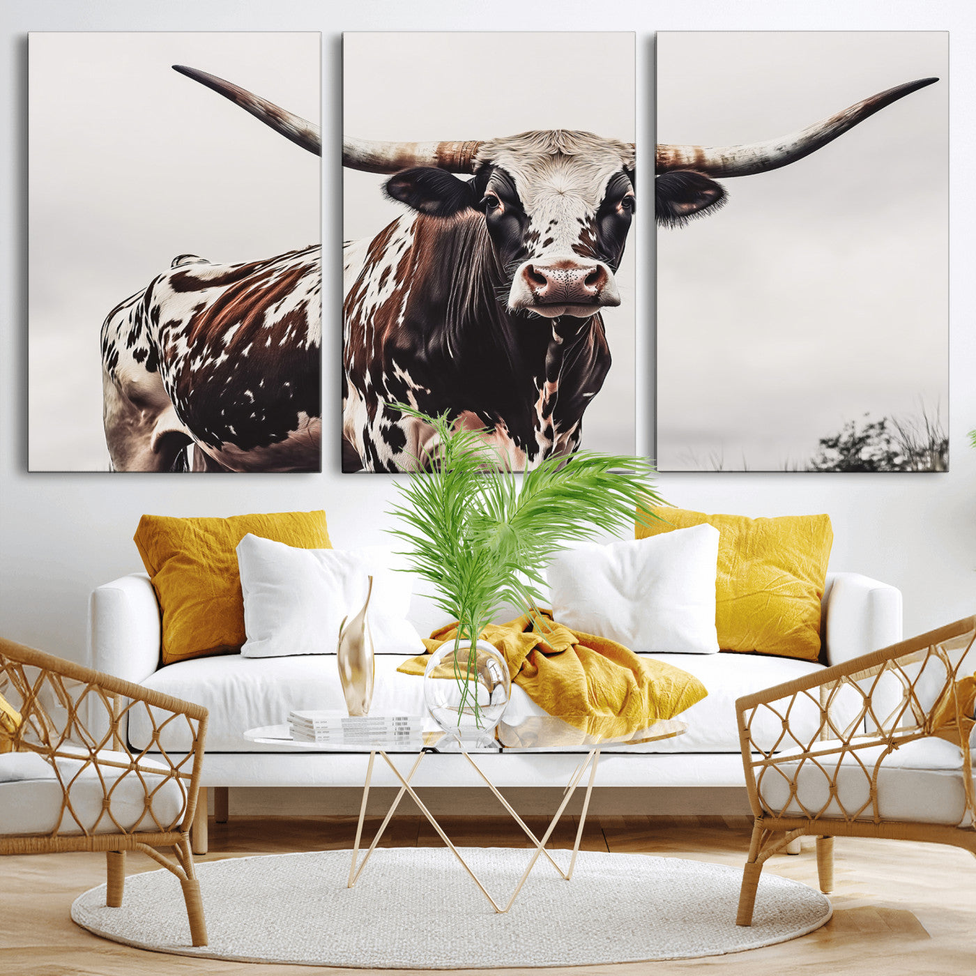 95249234-MGV-CV-36X24-Texas Longhorn Wall Art Canvas Print, Framed Spotted Bull Art Picture Print, Horned Cattle Perfect Rustic Farmhouse Decor Artwork