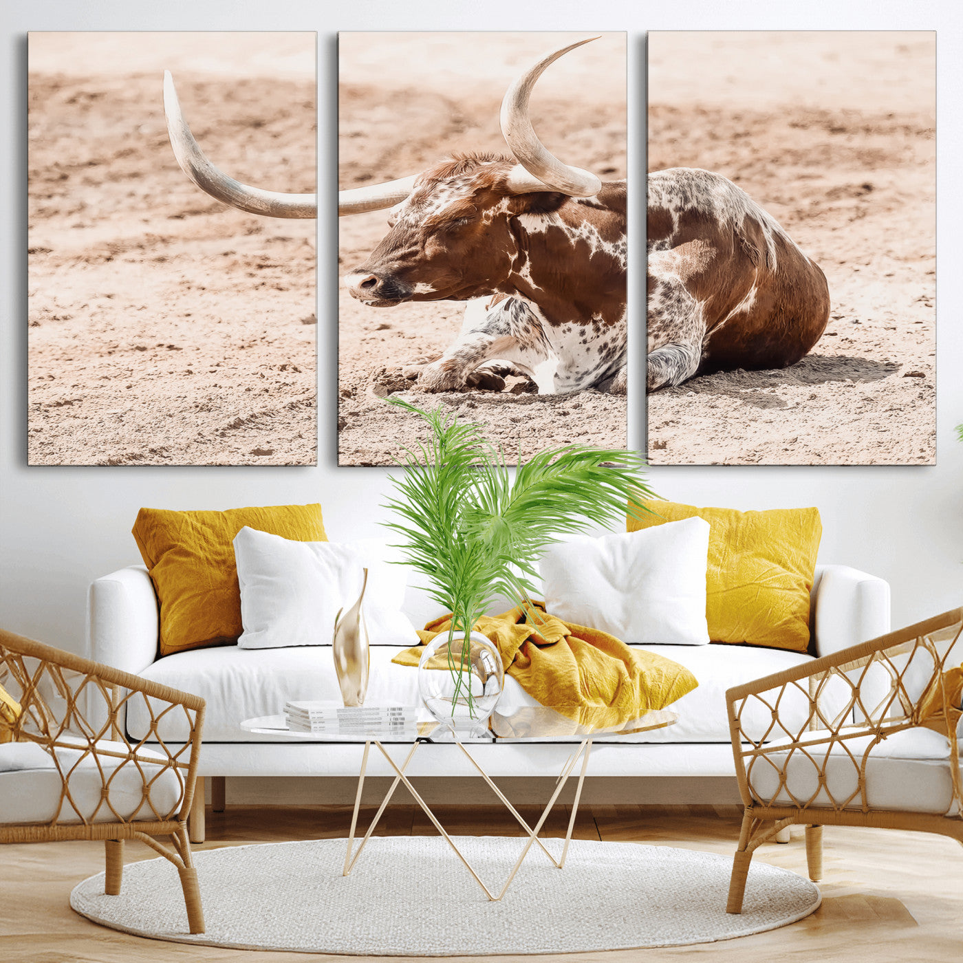 91248682-MGV-CV-36X24-Texas Longhorn Wall Art Canvas Print, Framed Resting Bull Art Picture Print, Spotted Cattle Perfect Rustic Western Decor Artwork