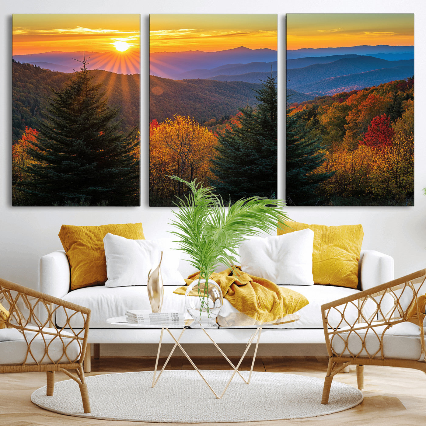 36964931-MGV-CV-36X24-Autumn Mountains Wall Art Canvas Print, Framed Sunset Glow Forest Art Picture Print, Golden Trees Perfect Vibrant Nature Decor