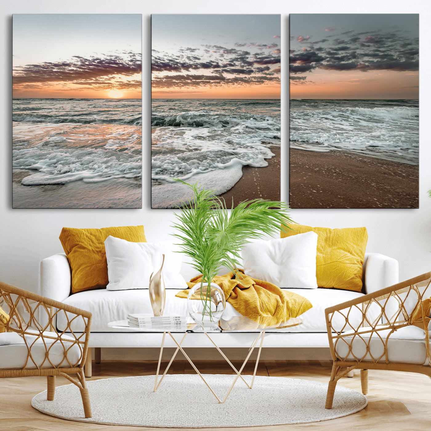 40632752-MGV-CV-36X24-Ocean Sunset Wall Art Canvas Print, Framed Beach Waves Art Picture Print, Coastal Scene Perfect Coastal Decor Artwork