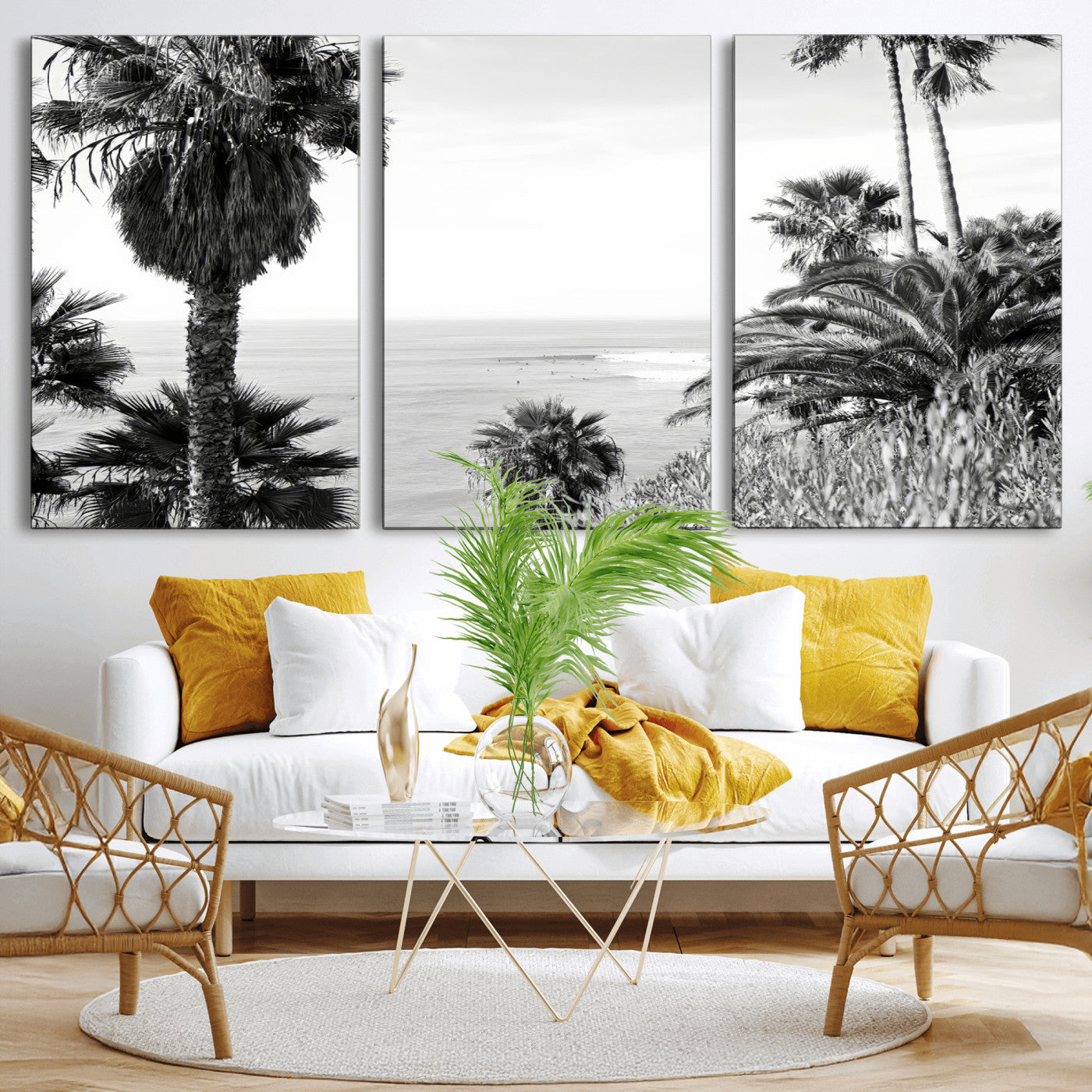 89458520-MGV-CV-36X24-Palm Trees Wall Art Canvas Print, Framed Coastal View Art Picture Print, Ocean Horizon Perfect Monochrome Coast Decor Artwork