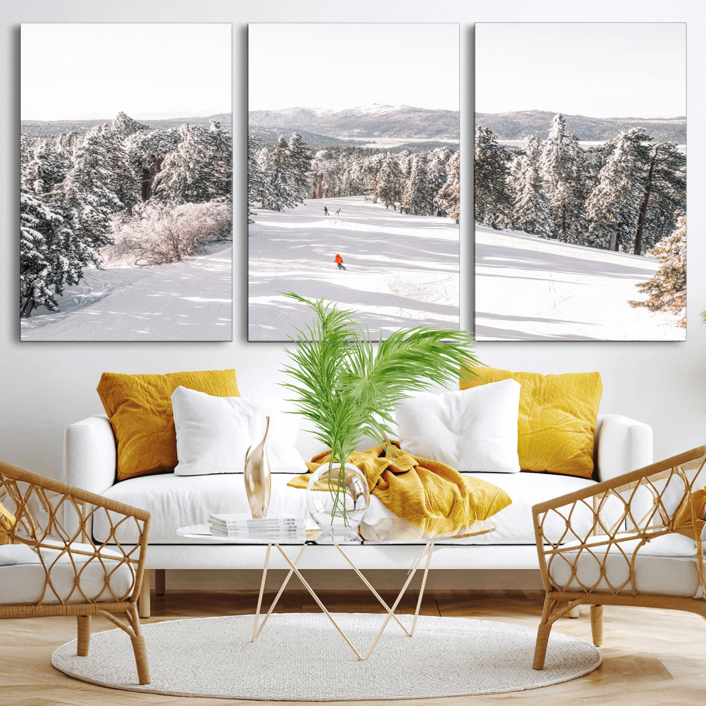 62119206-MGV-CV-36X24-Snowy Trail Wall Art Canvas Print, Framed Ski Slope Art Picture Print, Winter Pines Perfect Alpine Adventure Decor Artwork