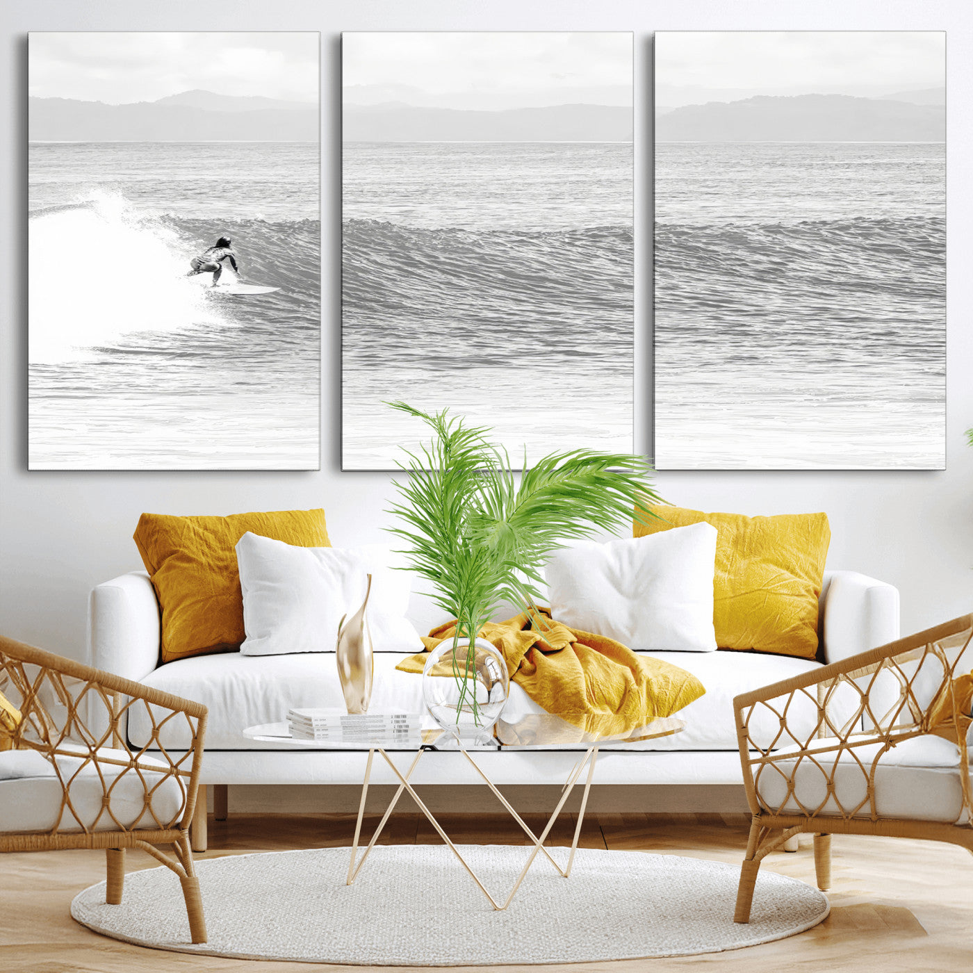 81535128-MGV-CV-36X24-Surfer Woman Wall Art Canvas Print, Framed Black Ocean Art Picture Print, Ocean Surfing Perfect Monochrome Coastal Decor Artwork