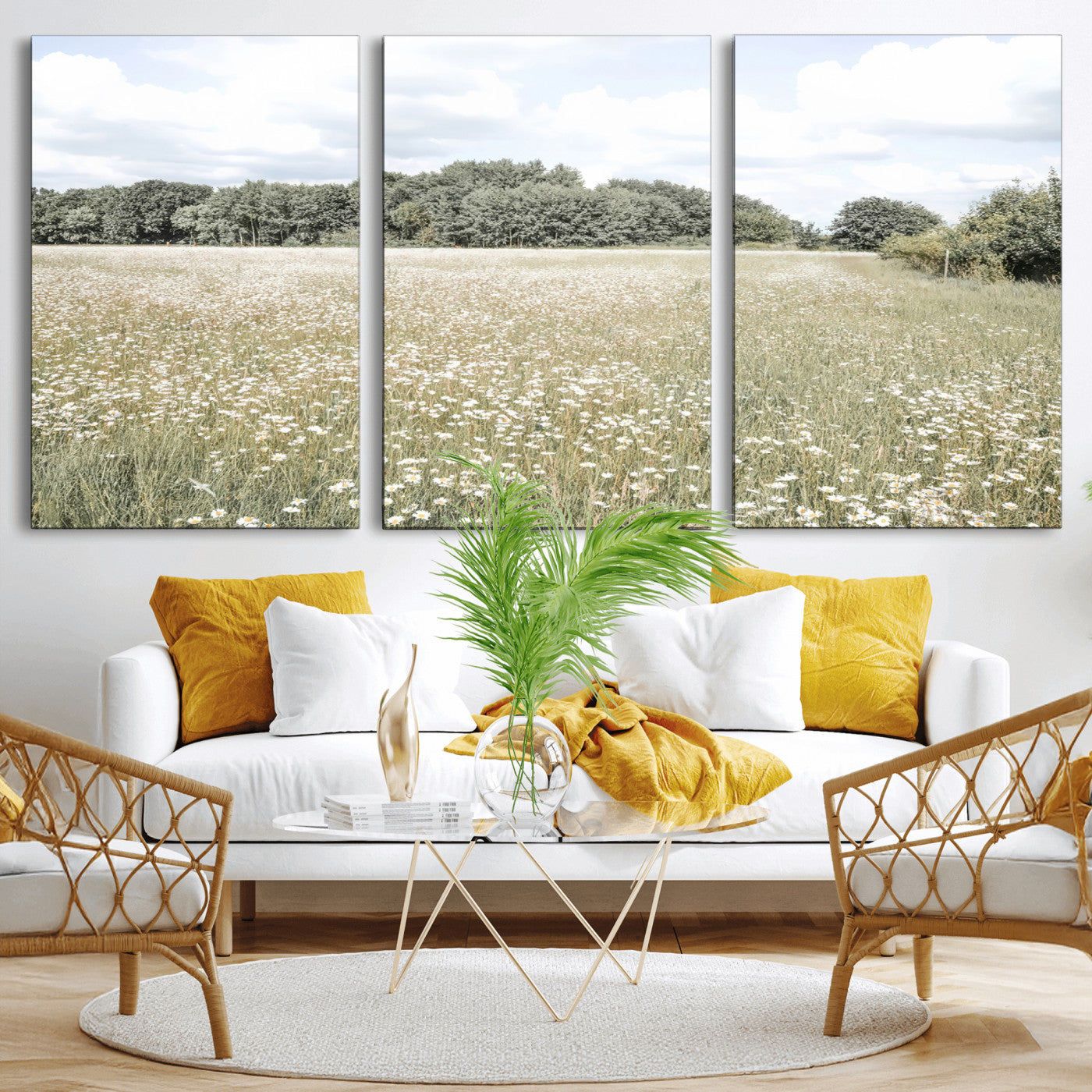 43258946-MGV-CV-36X24-Daisy Field Wall Art Canvas Print, Framed Pastel Flower Art Picture Print, Meadow Bloom Perfect Scandinavian Minimalist Decor