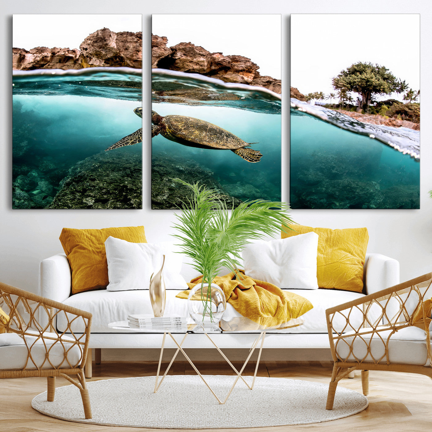 44200301-MGV-CV-36X24-Sea Turtle Swim Wall Art Canvas Print, Framed Ocean Life Art Picture Print, Tropical Shoreline Perfect Tropical Coastal Decor