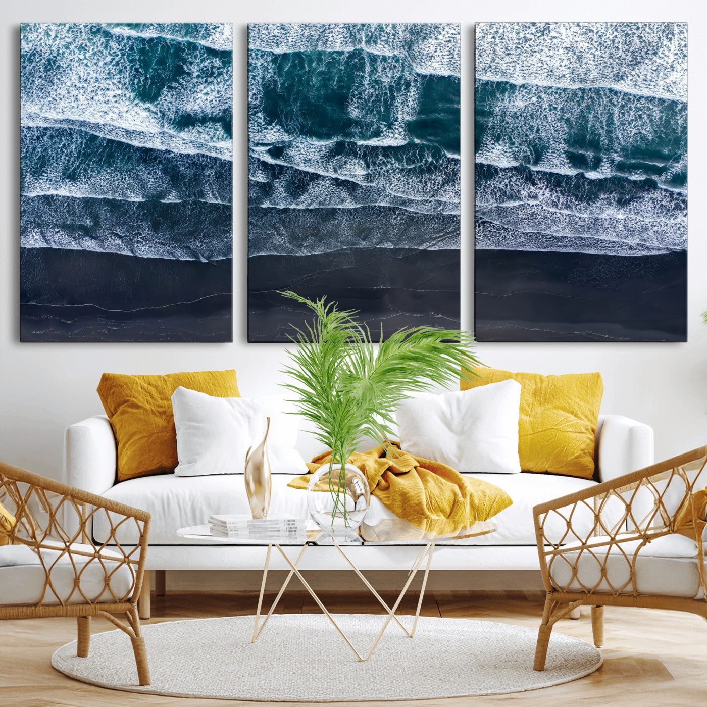87941475-MGV-CV-36X24-Black Beach Wall Art Canvas Print, Framed Aerial Ocean Art Picture Print, Moody Coastal Perfect Modern Coastal Decor Artwork