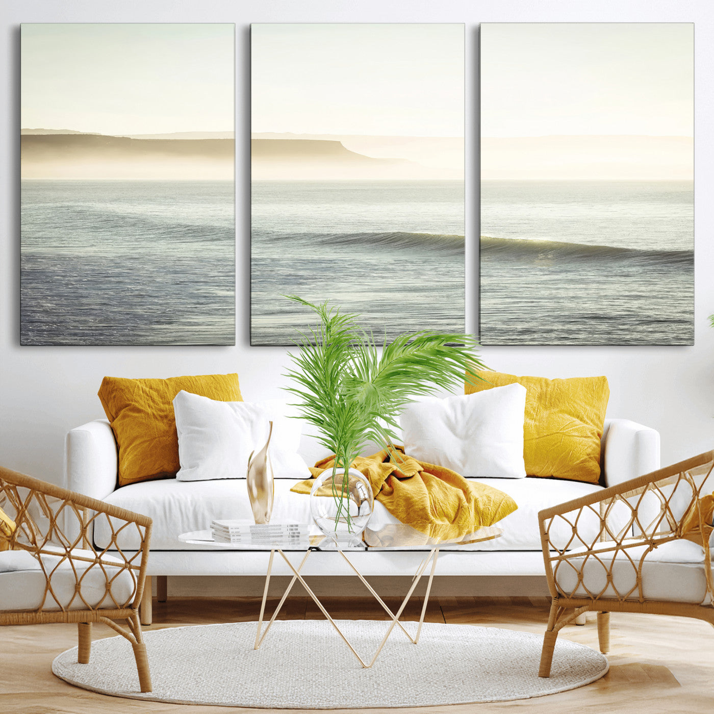 39310633-MGV-CV-60X30-3P-Coastal Cliffs Wall Art Canvas Print, Framed Misty Ocean Art Picture Print, Morning Light Perfect Minimalistic Coastal Decor