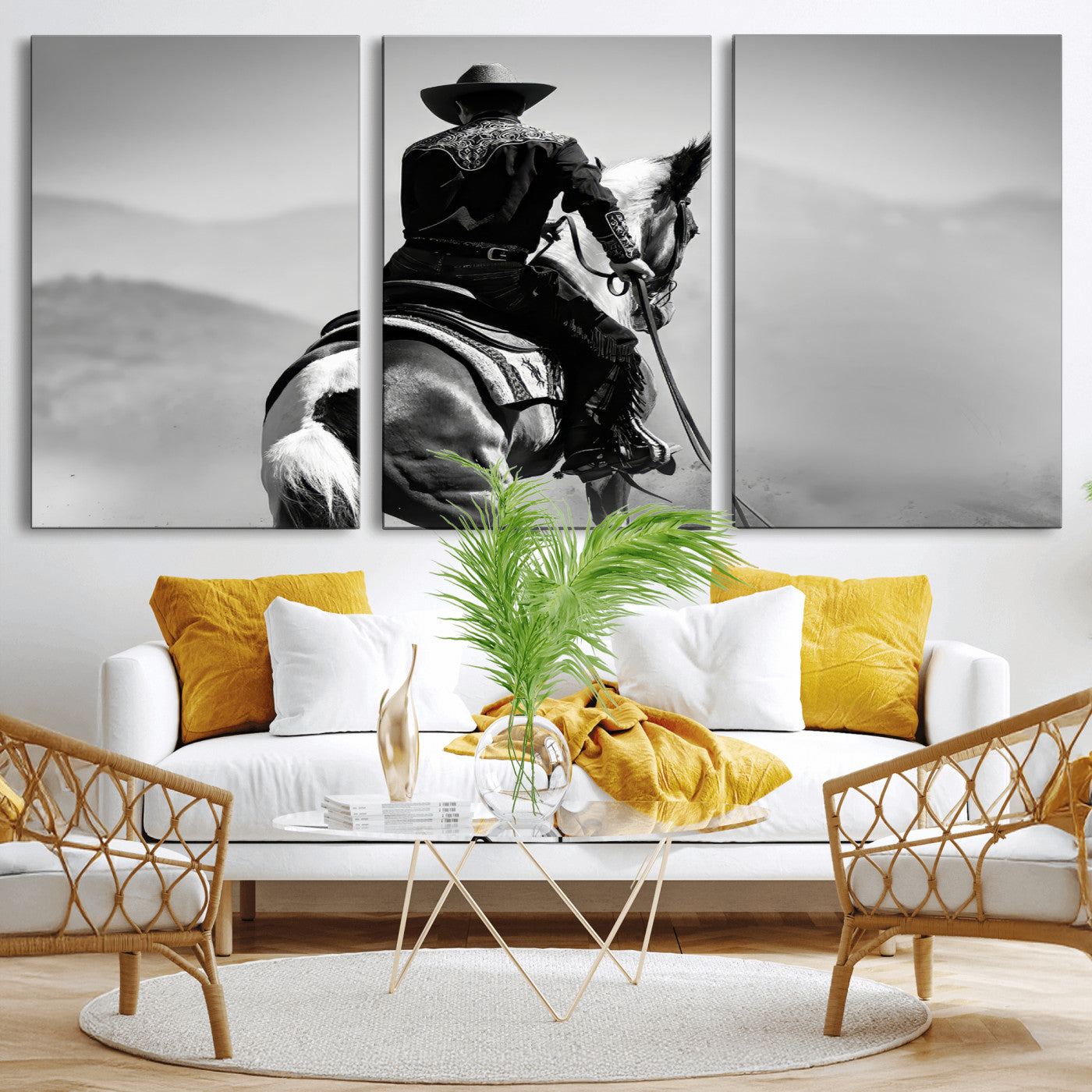 83102464-MGV-CV-36X24-Western Cowboy Wall Art Canvas Print, Framed Monochrome Horse Art Picture Print, Western Equestrian Perfect Rustic Western Decor