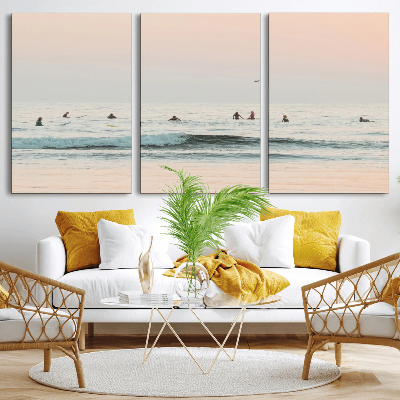 98888919-MGV-CV-60X30-3P-Pastel Ocean Wall Art Canvas Print, Framed Soft Sunset Swimming Art Picture Print, Calm Sea Horizon Perfect Soft Coastal