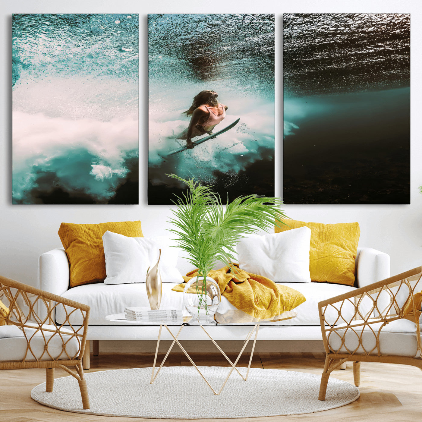85923512-MGV-CV-36X24-Aquatic Motion Wall Art Canvas Print, Framed Underwater Swimming Art Picture Print, Female Surfer Diving Perfect Coastal Boho