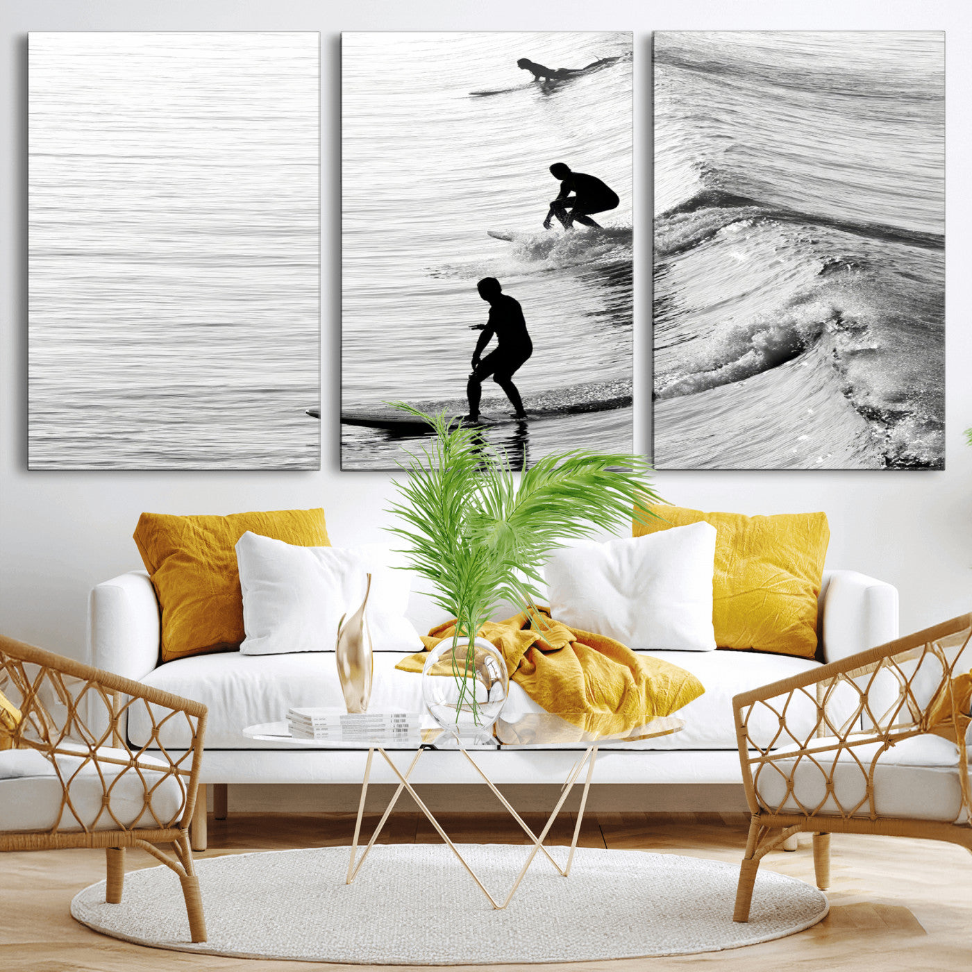 19875284-MGV-CV-36X24-Surfer Waves Wall Art Canvas Print, Framed Black White Surf Art Picture Print, Monochrome Ocean Perfect Modern Coastal Decor