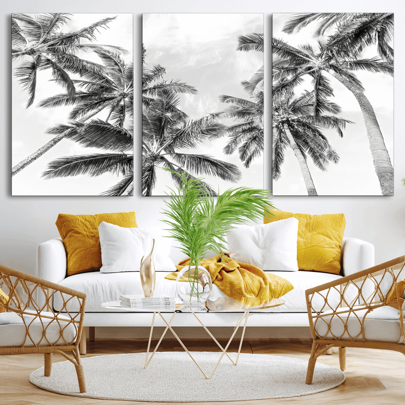 62113786-MGV-CV-36X24-Black White Palm Wall Art Canvas Print, Framed Monochrome Tropics Art Picture Print, Minimalist Beach Perfect Coastal Minimalist
