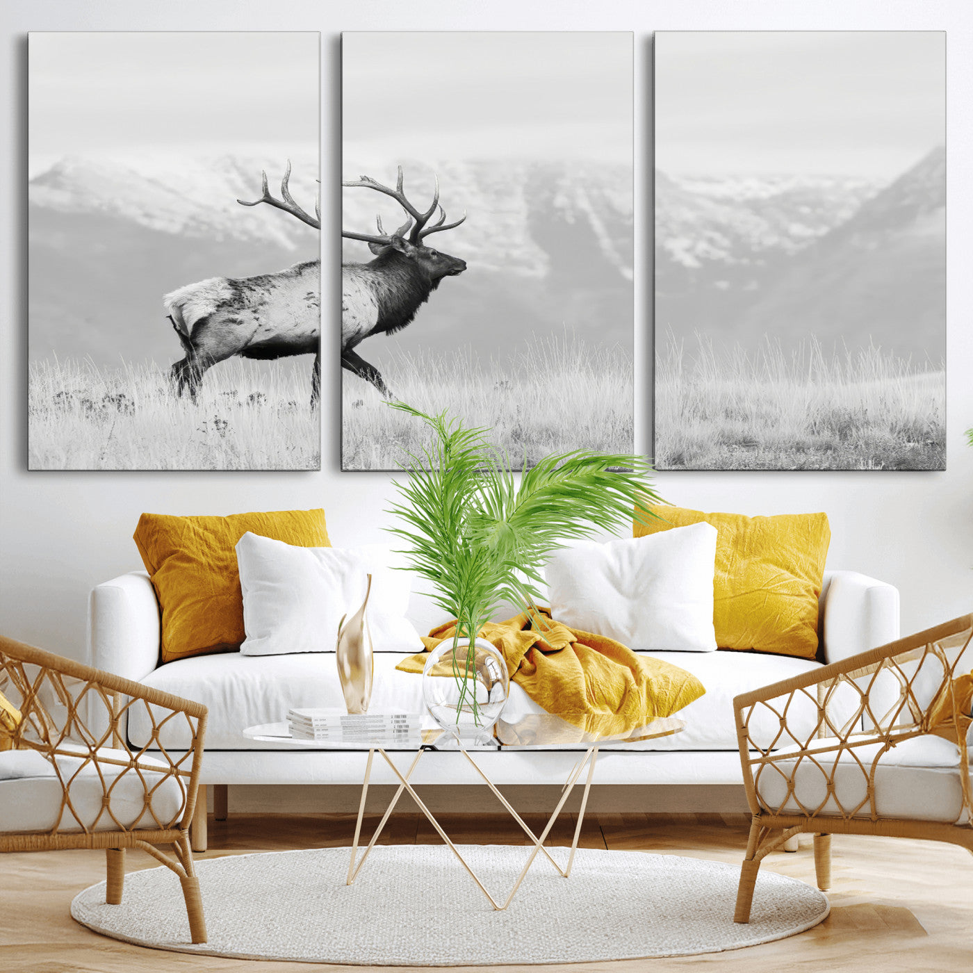 62278753-MGV-CV-36X24-Monochrome Elk Wall Art Canvas Print, Framed Mountain Wildlife Art Picture Print, Rustic Nature Perfect Rustic Minimalist Decor