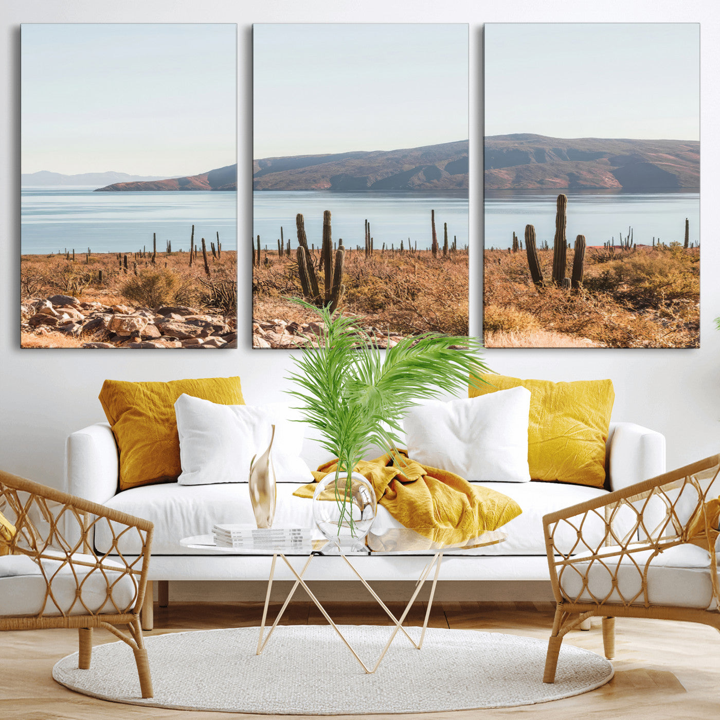 45193515-MGV-CV-36X24-Desert Cactus Wall Art Canvas Print, Framed Baja Coastline Art Picture Print, Coastal Desert Perfect Southwestern Minimalist Decor