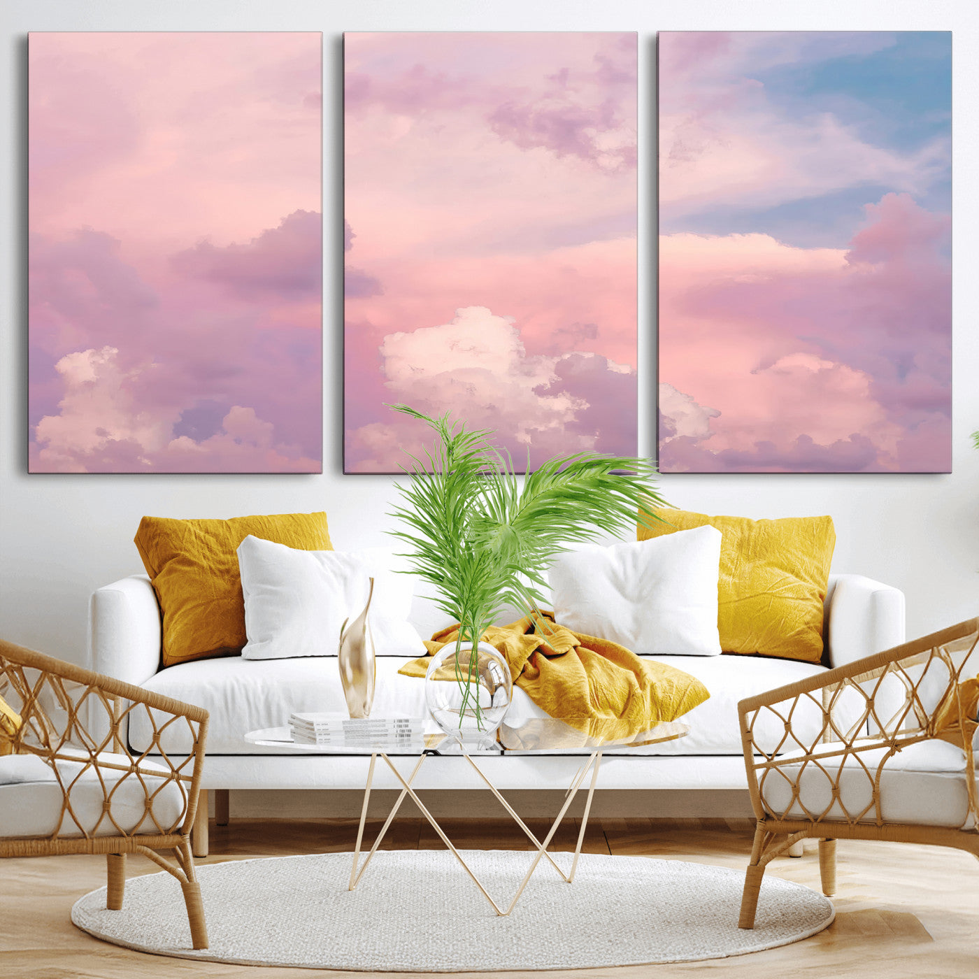 22874890-MGV-CV-60X30-3P-Pastel Sky Wall Art Canvas Print, Framed Dreamy Cloudscape Art Picture Print, Sunset Glow Perfect Minimalist Serenity Decor