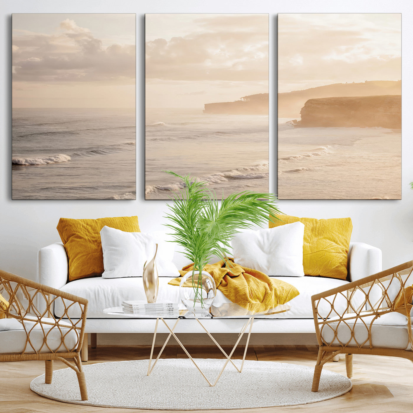 57669769-MGV-CV-36X24-Misty Coastal Wall Art Canvas Print, Framed Golden Sunset Art Picture Print, Serene Shoreline Perfect Tranquil Coastal Decor