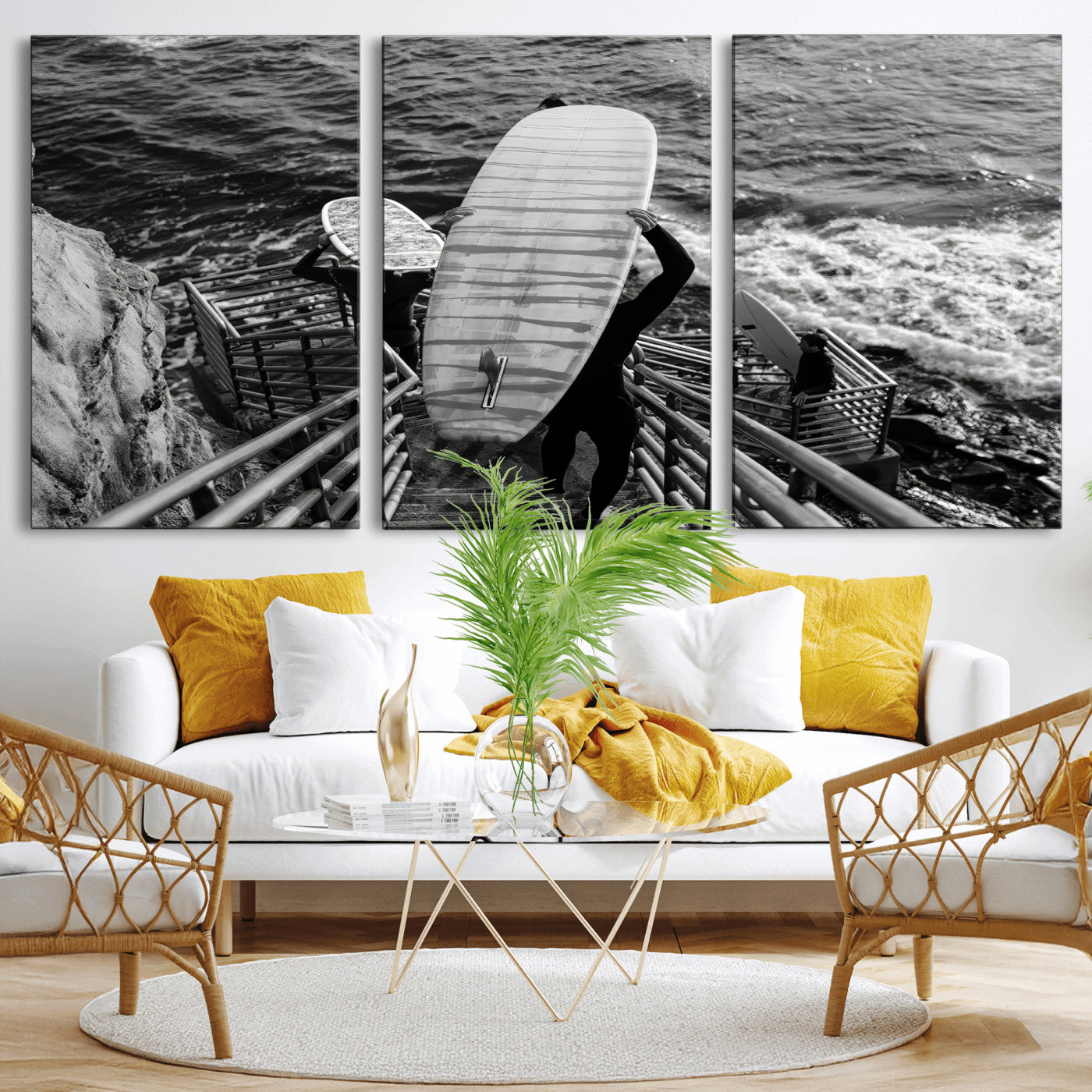 32353707-MGV-CV-36X24-Black White Surfing Wall Art Canvas Print, Framed Coastal Surfing Art Picture Print, Wave Riders Perfect Coastal Adventure Decor