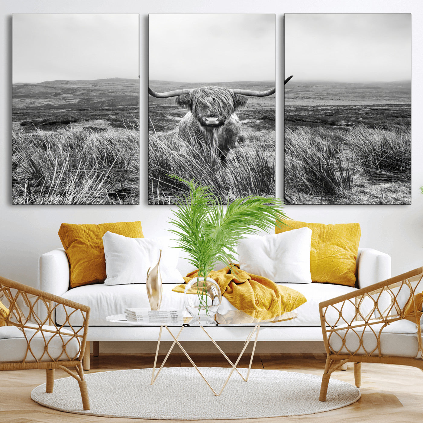 24051061-MGV-CV-36X24-Monochrome Highland Cow Wall Art Canvas Print, Framed Scottish Bull Art Picture Print, Lone Cattle Perfect Rustic Farmhouse Decor