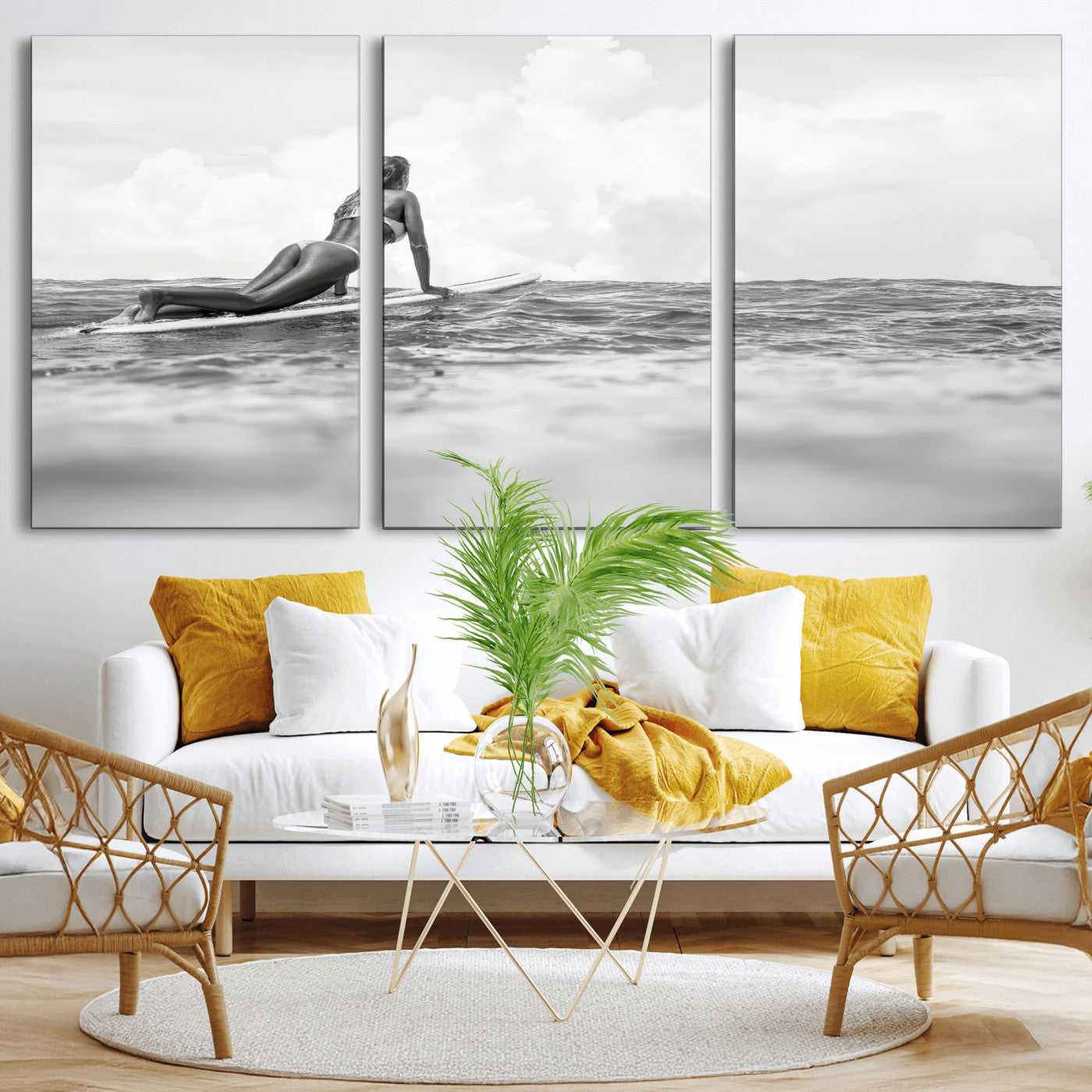 69798068-MGV-CV-36X24-Black White Surfing Wall Art Canvas Print, Framed Ocean Horizon Art Picture Print, Surfer Girl Perfect Coastal Adventure Decor