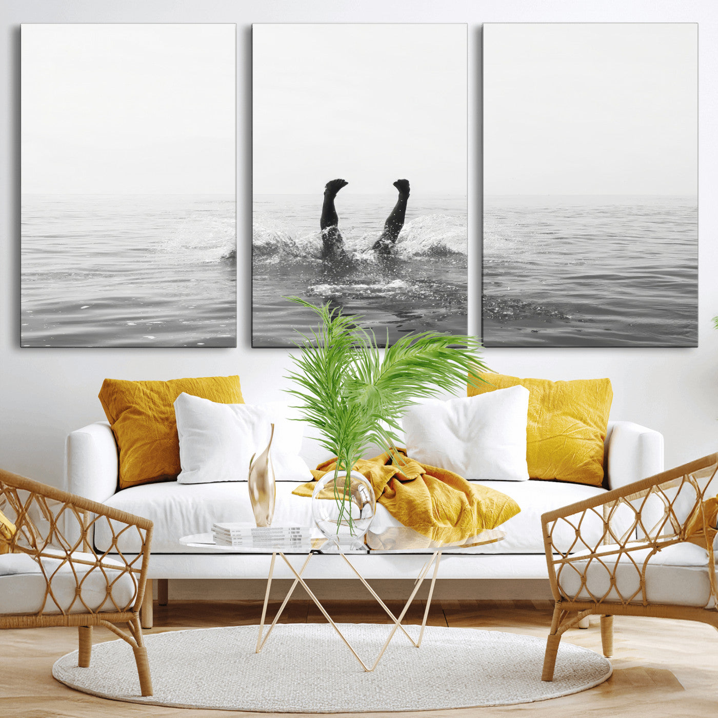 26667396-MGV-CV-36X24-Black White Ocean Wall Art Canvas Print, Framed Monochrome Water Art Picture Print, Diving into Water Perfect Minimalist Aquatic