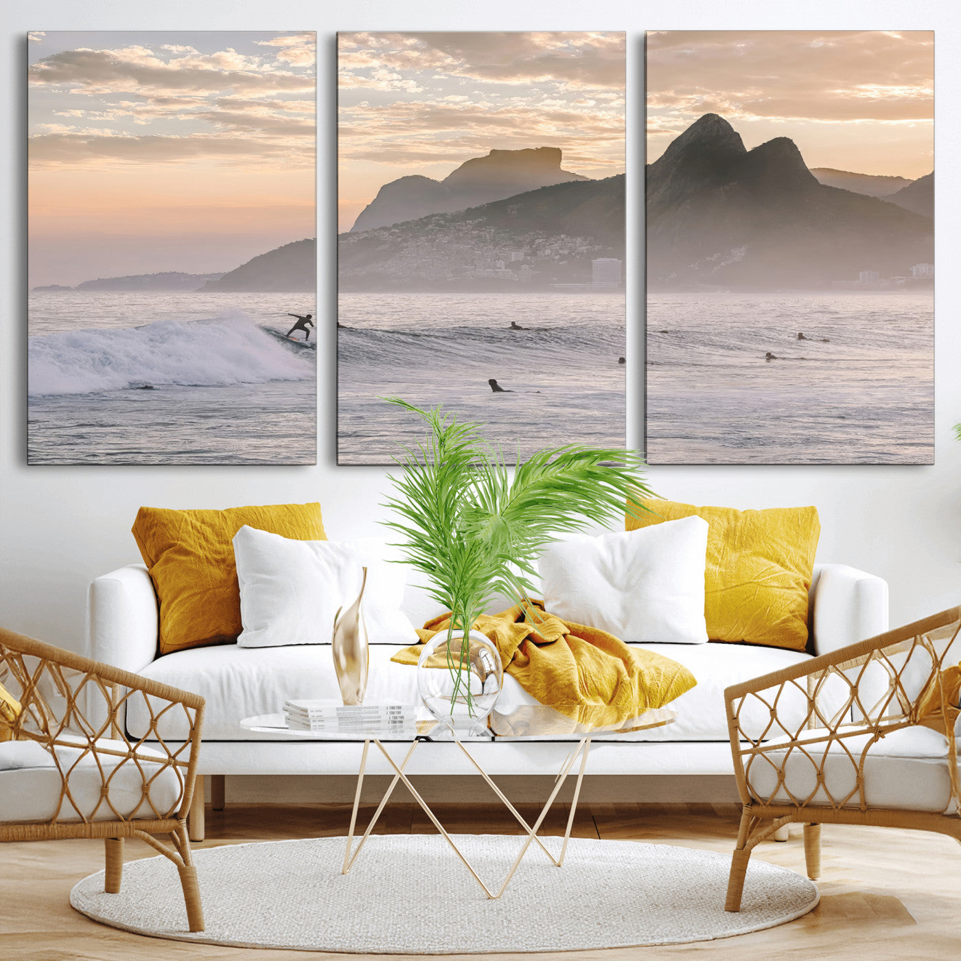 70644906-MGV-CV-36X24-Sunset Surfing Wall Art Canvas Print, Framed Misty Mountains Art Picture Print, Surfer Riding Wave Perfect Coastal Adventure Decor