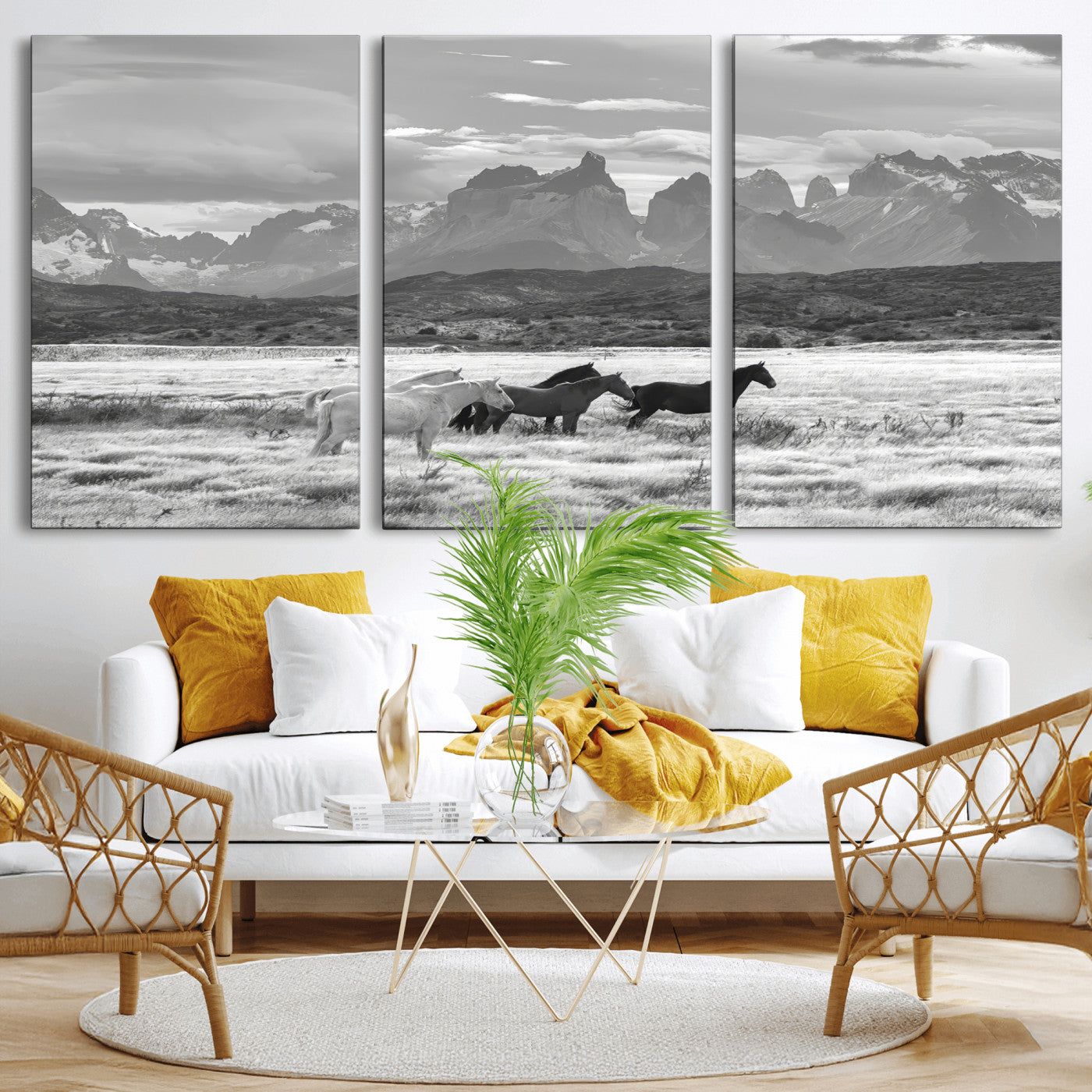 21655040-MGV-CV-36X24-Wild Horses Wall Art Canvas Print, Framed Black White Mountains Art Picture Print, Rustic Countryside Perfect Rustic Western Decor