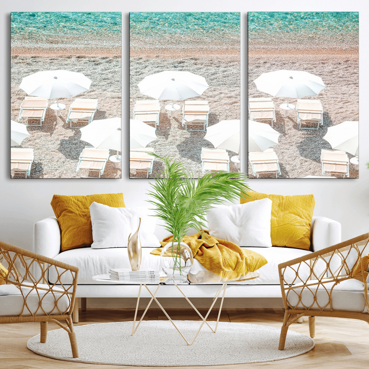 83736167-MGV-CV-36X24-Calm Beach Wall Art Canvas Print, Framed Turquoise Water Art Picture Print, Umbrella Shoreline Perfect Coastal Minimalist Decor