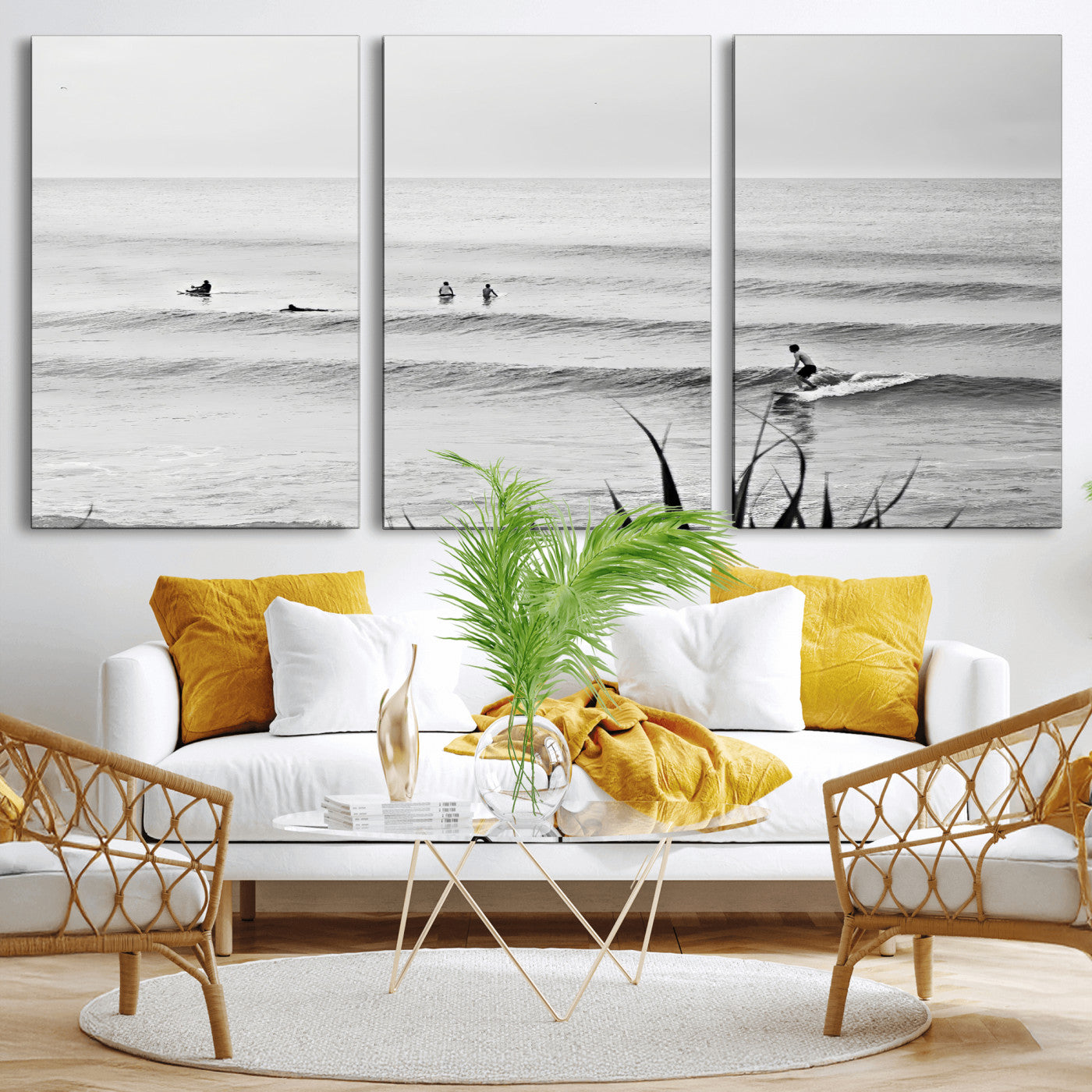 33821421-MGV-CV-36X24-Surfer Silhouette Wall Art Canvas Print, Framed Calm Ocean Art Picture Print, Monochrome Surf Perfect Minimalist Coastal Decor